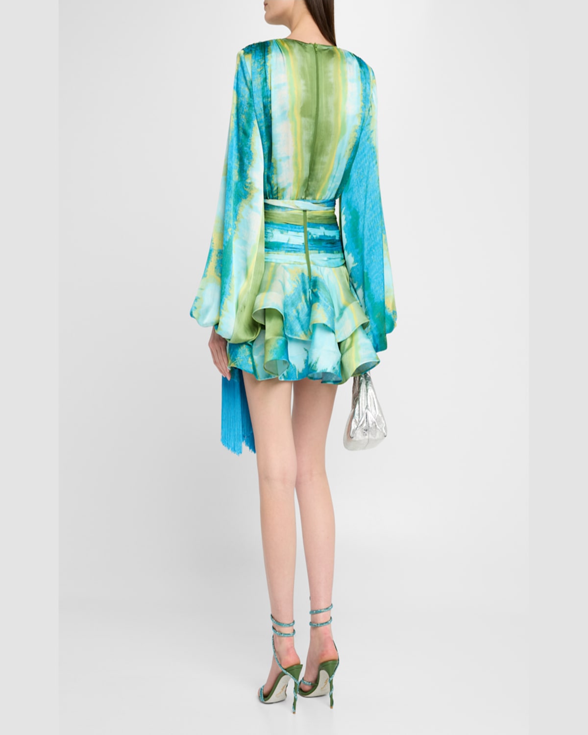 Bronx And Banco Bedouin Coastal Tiered Deep V-neck Mini Dress In Blue Multi