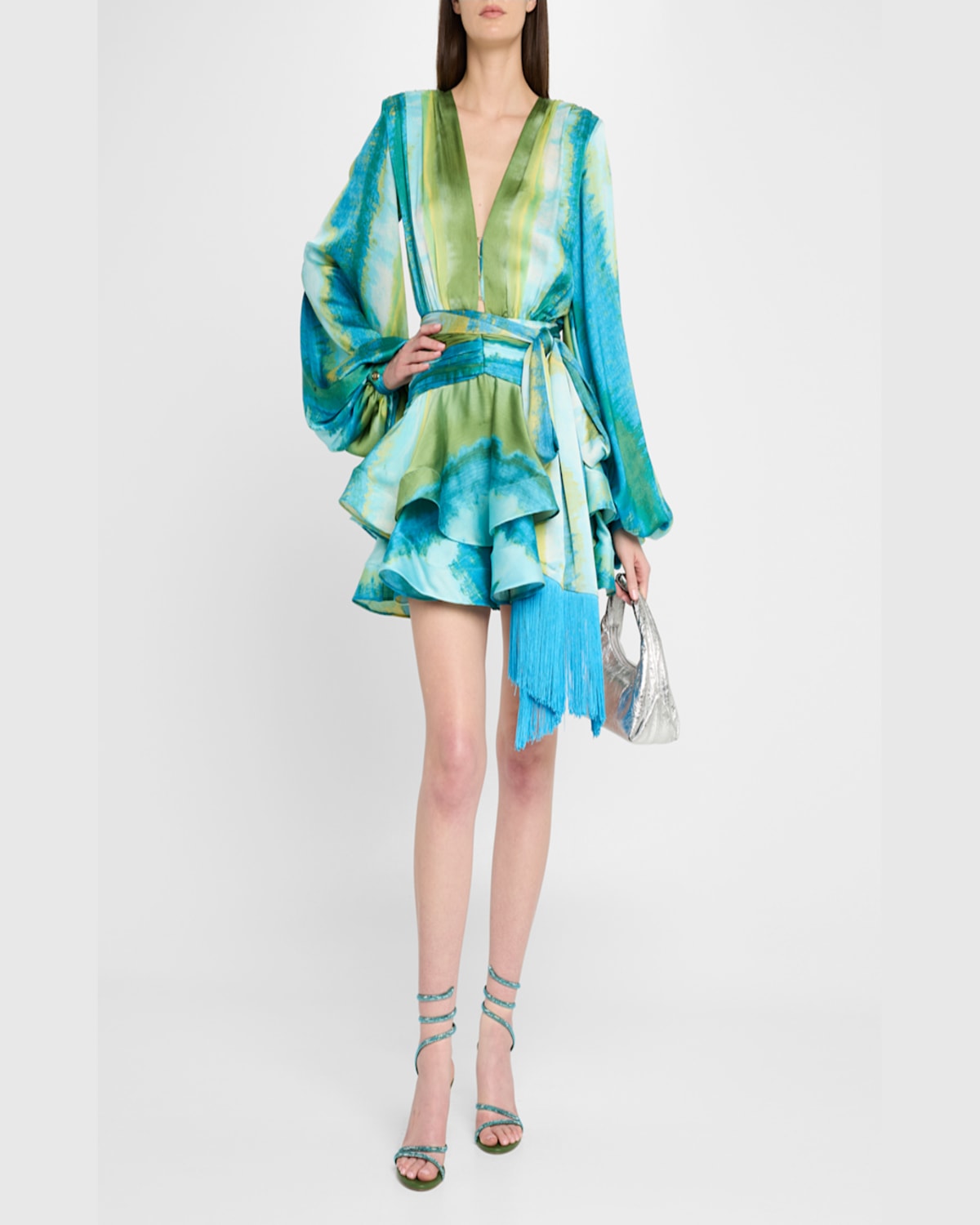 Bronx And Banco Bedouin Coastal Tiered Deep V-neck Mini Dress In Blue Multi