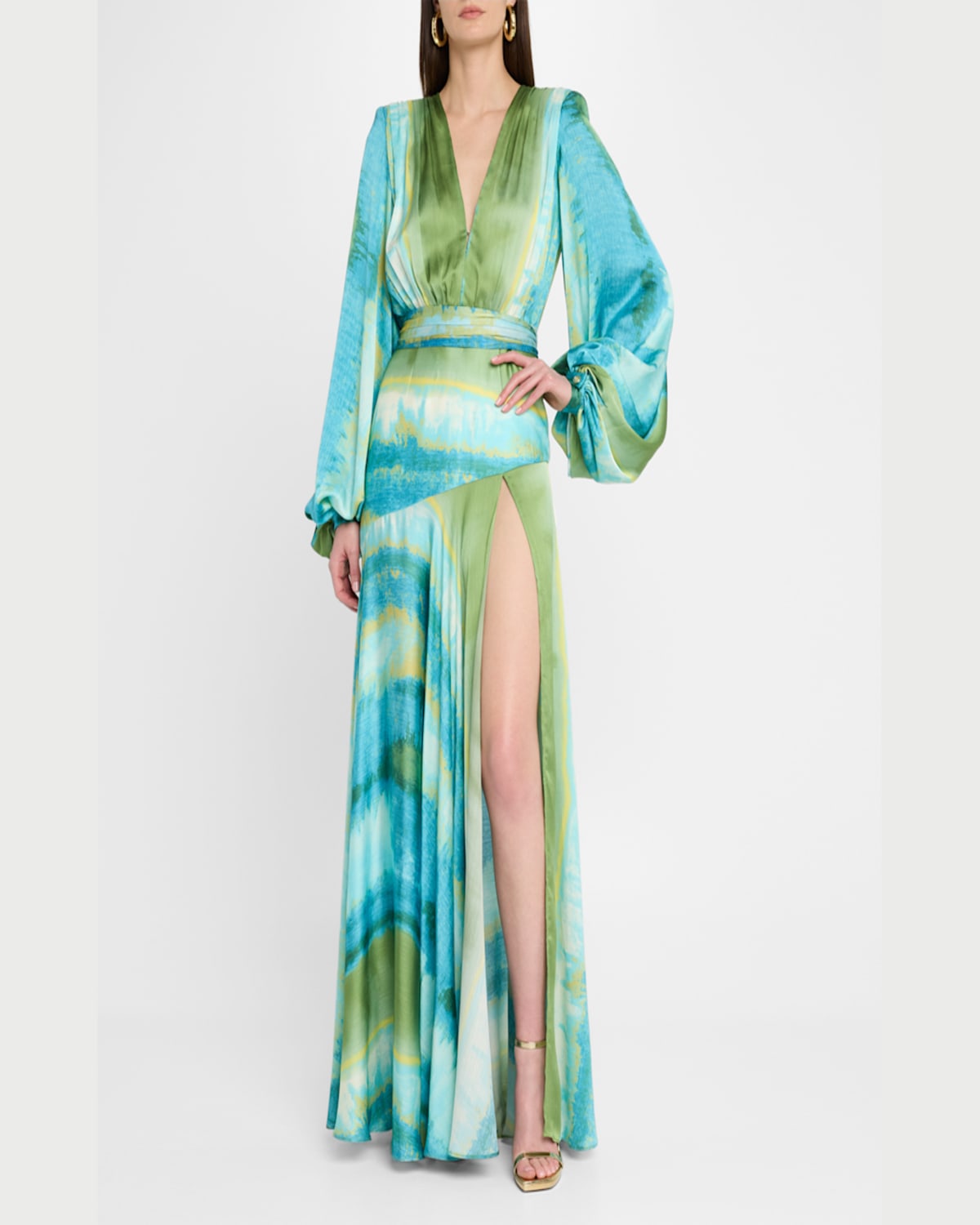 Bronx And Banco Carmen Coastal Deep V-neck Side Slit Gown In Blue Multi