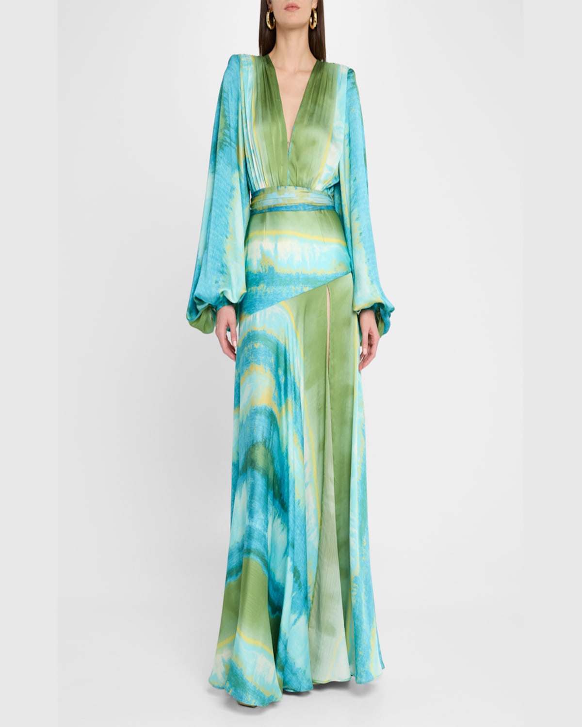 Bronx And Banco Carmen Coastal Deep V-neck Side Slit Gown In Blue Multi