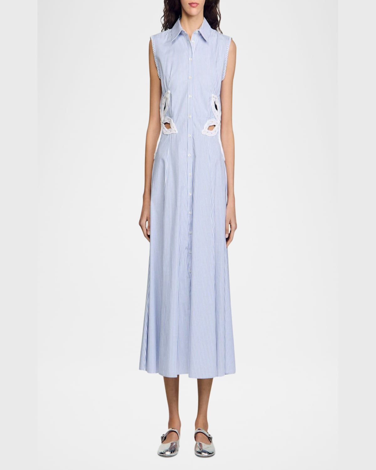 Sandro Womens Bleus Stripe-print Embroidered Stretch-cotton Maxi Dress In Sky Blue