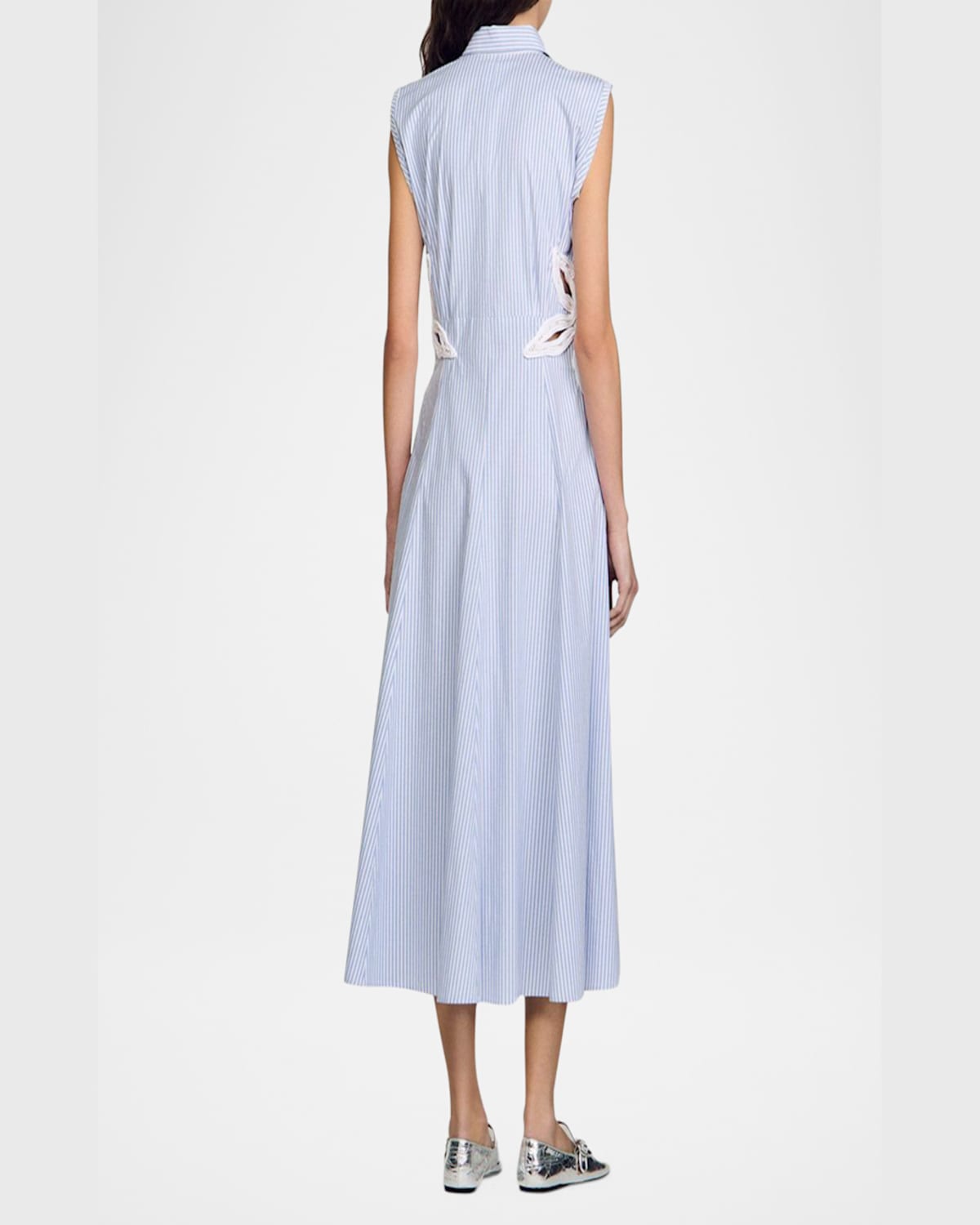 Sandro Womens Bleus Stripe-print Embroidered Stretch-cotton Maxi Dress In Sky Blue