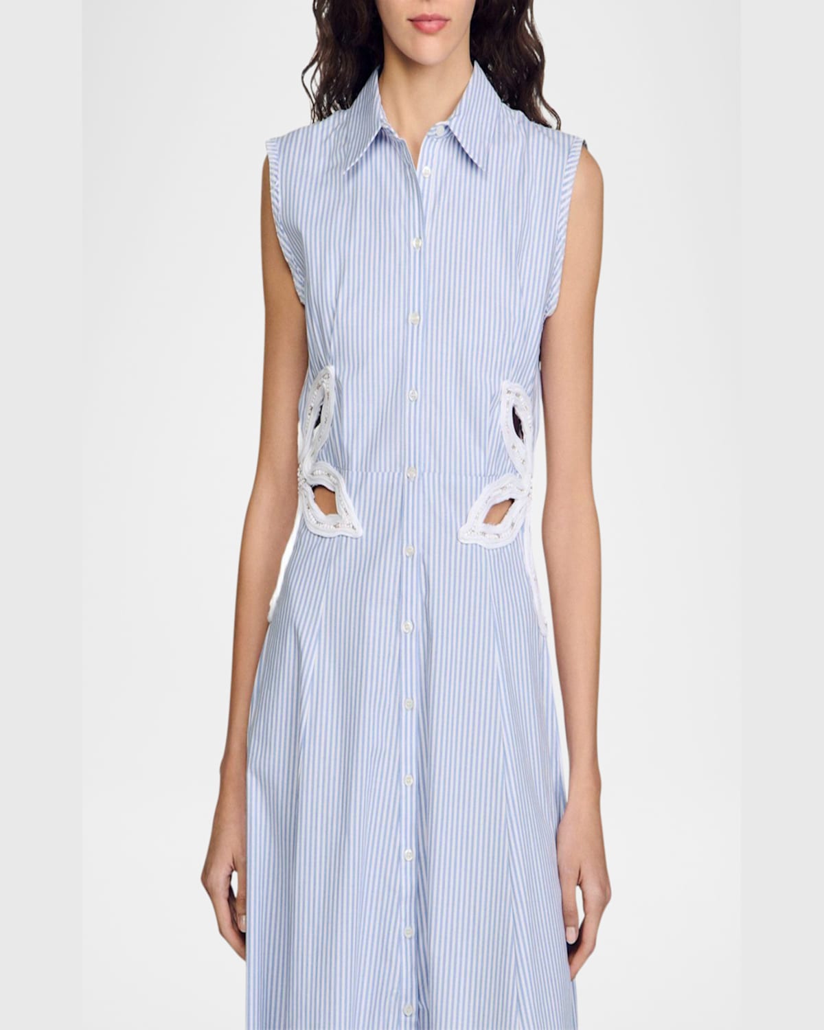 Sandro Womens Bleus Stripe-print Embroidered Stretch-cotton Maxi Dress In Sky Blue