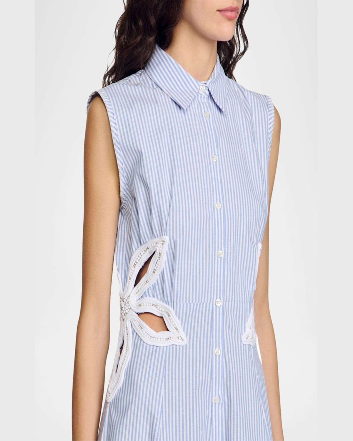 Sandro Womens Bleus Stripe-print Embroidered Stretch-cotton Maxi Dress In Sky Blue