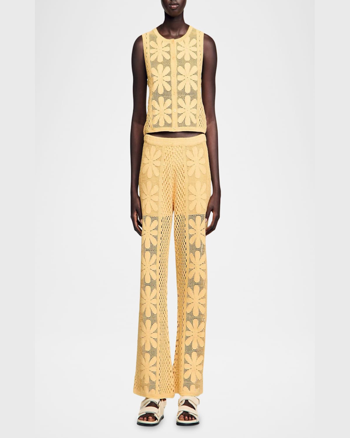 Sandro Loulou Floral Crochet Sleeveless Cardigan In Yellow