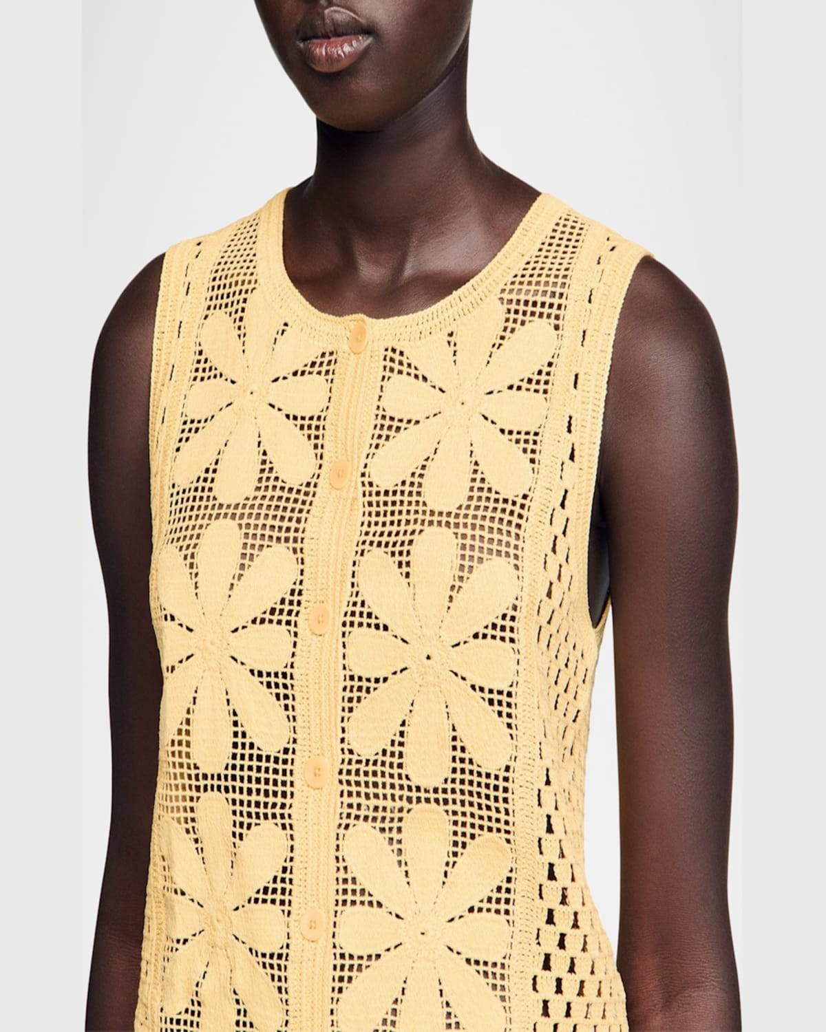 Sandro Loulou Floral Crochet Sleeveless Cardigan In Yellow