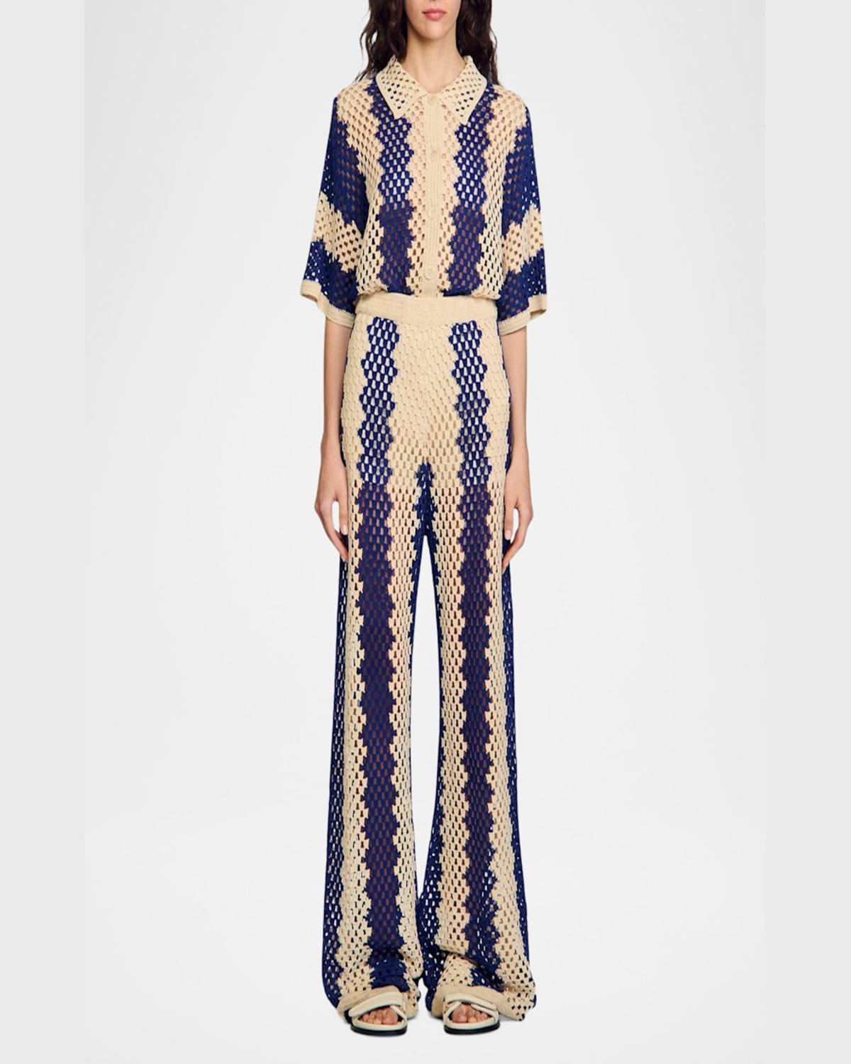 Sandro Knitted Trousers In Blue / Ecru