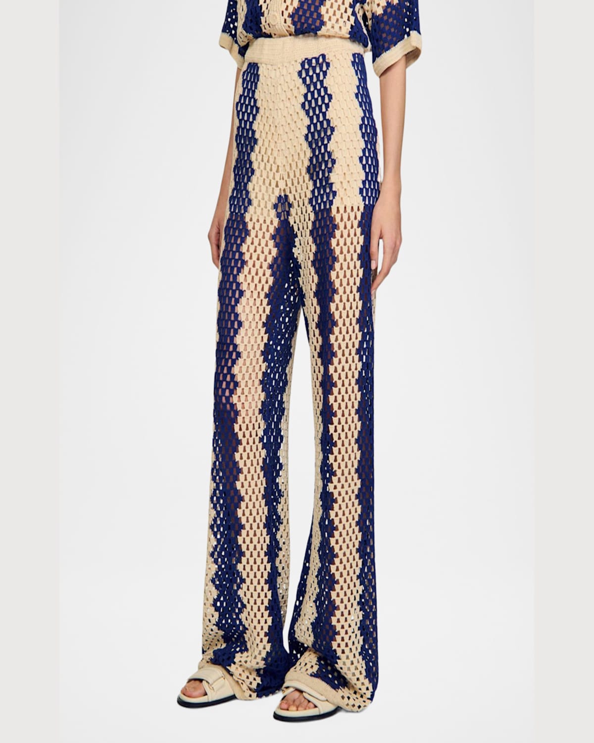 Sandro Knitted Trousers In Blue / Ecru