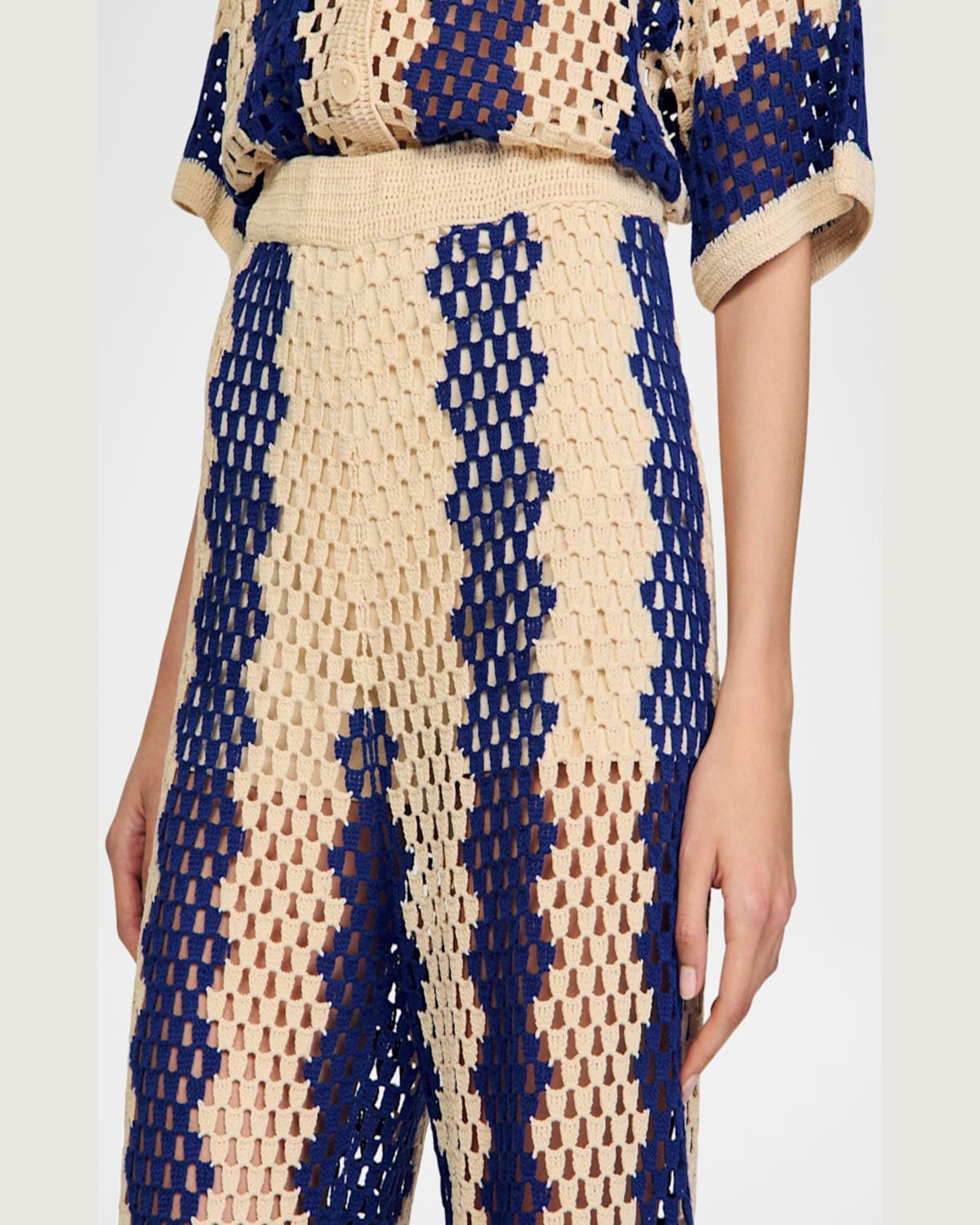 Sandro Knitted Trousers In Blue / Ecru
