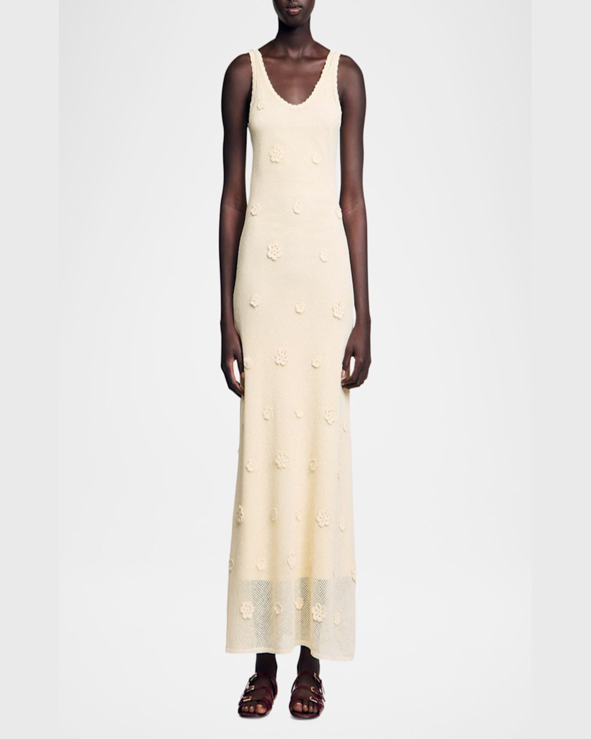 Sandro Womens Naturels Flower-embellished Sleeveless Knitted Maxi Dress In Ecru