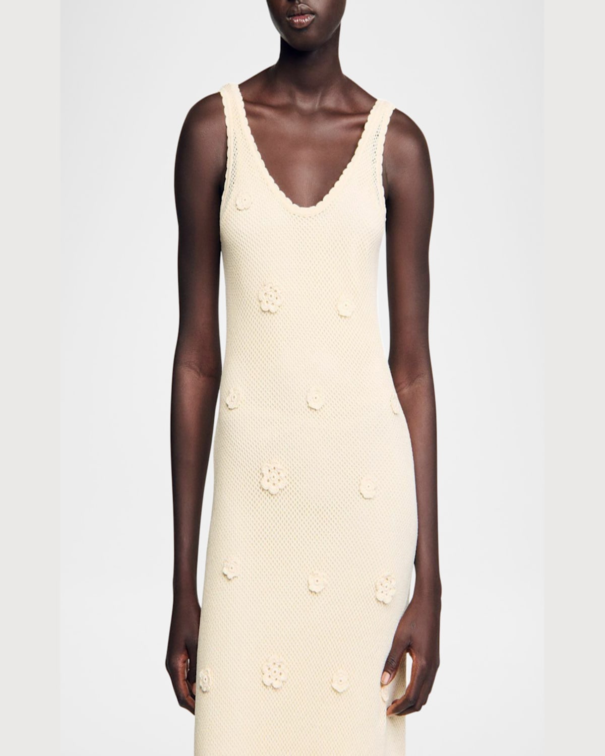 Sandro Womens Naturels Flower-embellished Sleeveless Knitted Maxi Dress In Ecru