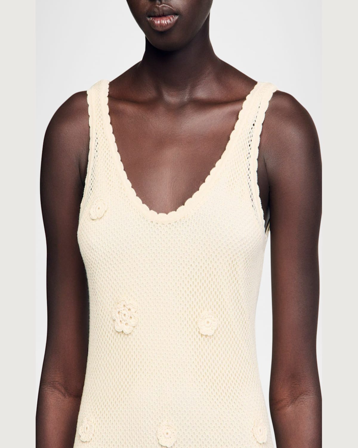 Sandro Womens Naturels Flower-embellished Sleeveless Knitted Maxi Dress In Ecru