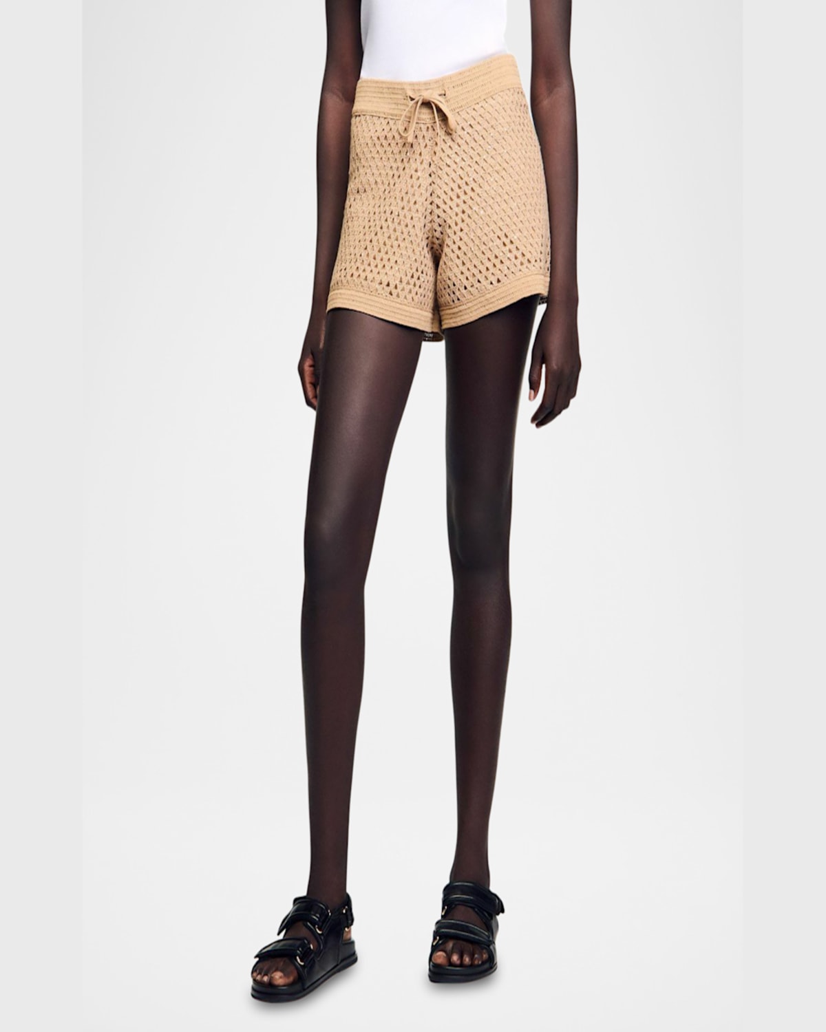 Sandro Eliott Embellished Knitted Shorts In Sand