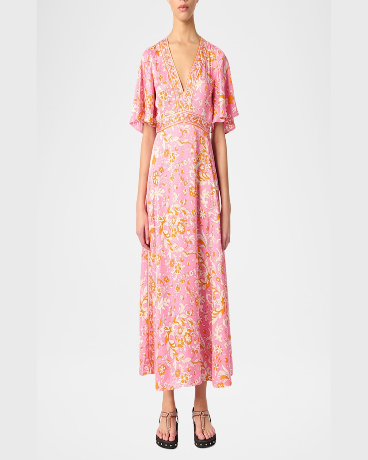 Maje Ritalen Butterfly-sleeve Midi Dress In Orange Pink Flowers Print