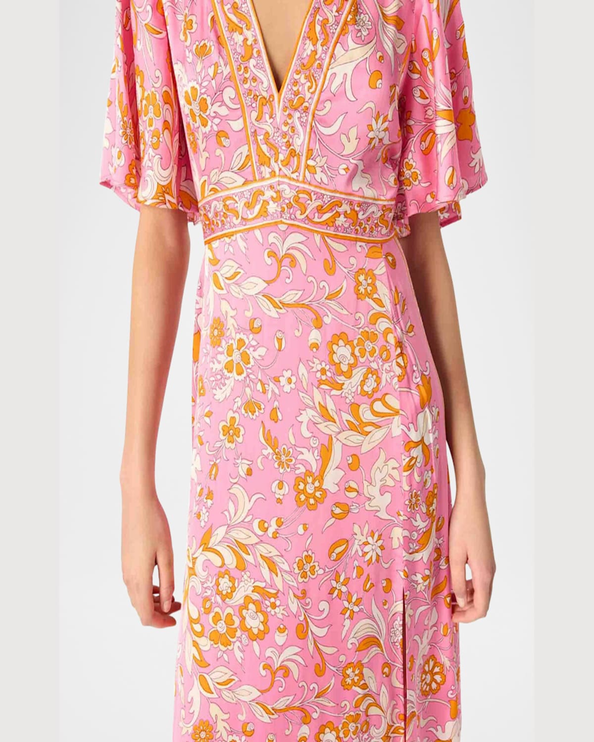 Maje Ritalen Butterfly-sleeve Midi Dress In Orange Pink Flowers Print