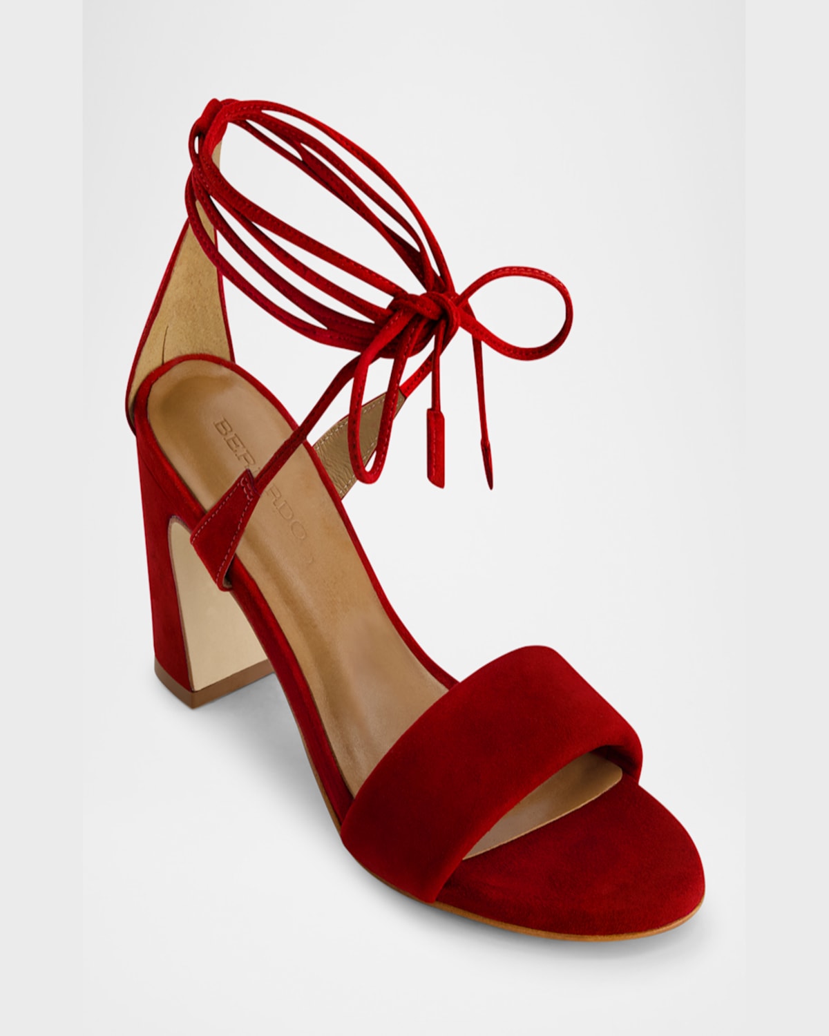 BERNARDO SUEDE ANKLE-WRAP BLOCK SANDALS 