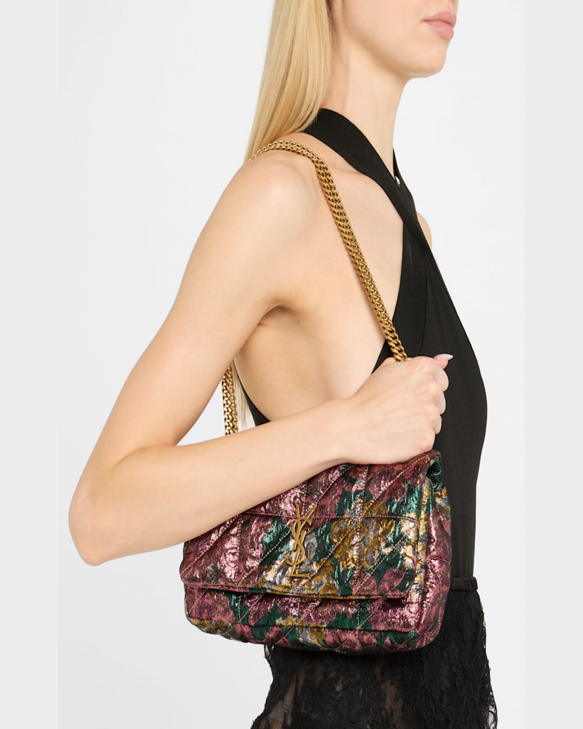 Saint Laurent Jamie Medium Ysl Chain Shoulder Bag In Brocade Wool In Green/pink Lame