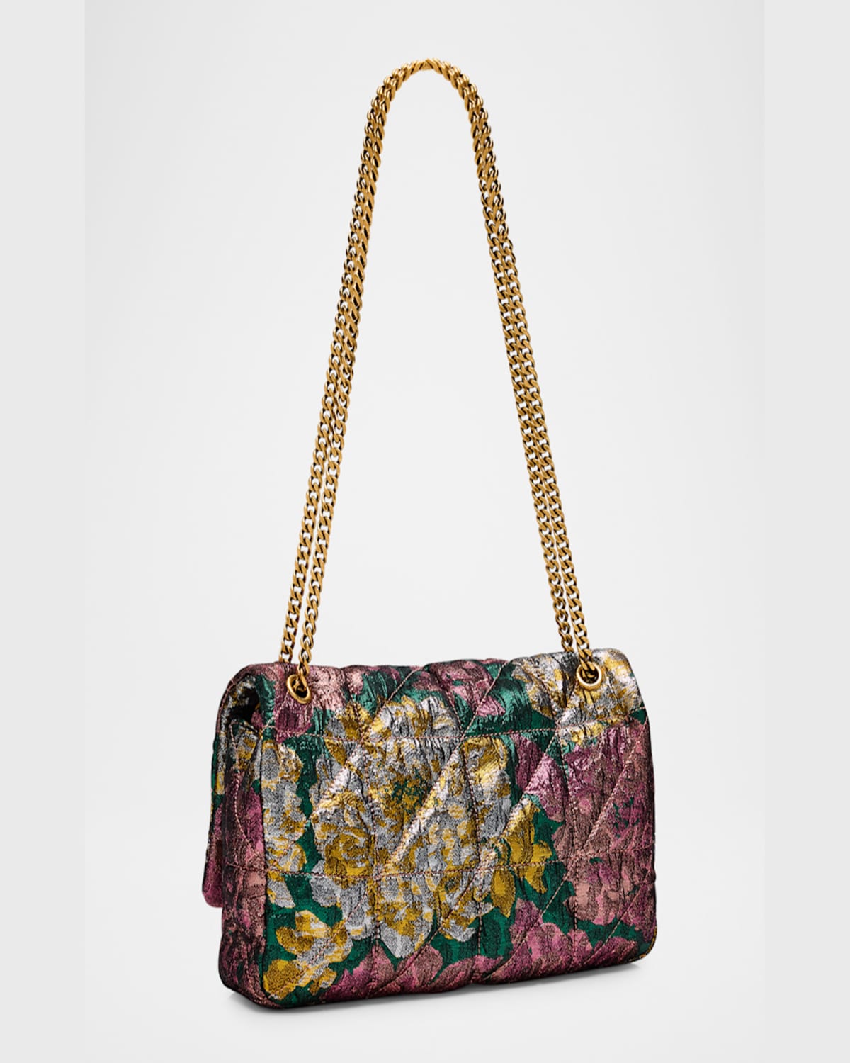 Saint Laurent Jamie Medium Ysl Chain Shoulder Bag In Brocade Wool In Green/pink Lame