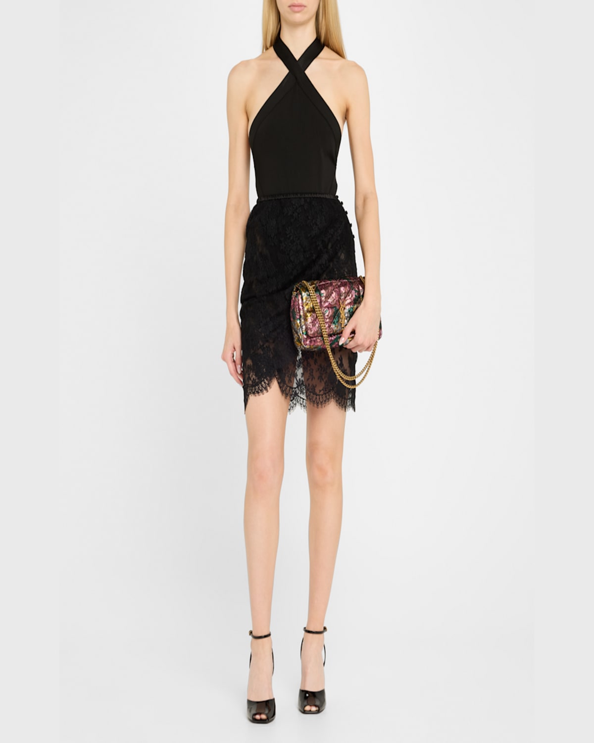Saint Laurent Jamie Medium Ysl Chain Shoulder Bag In Brocade Wool In Green/pink Lame