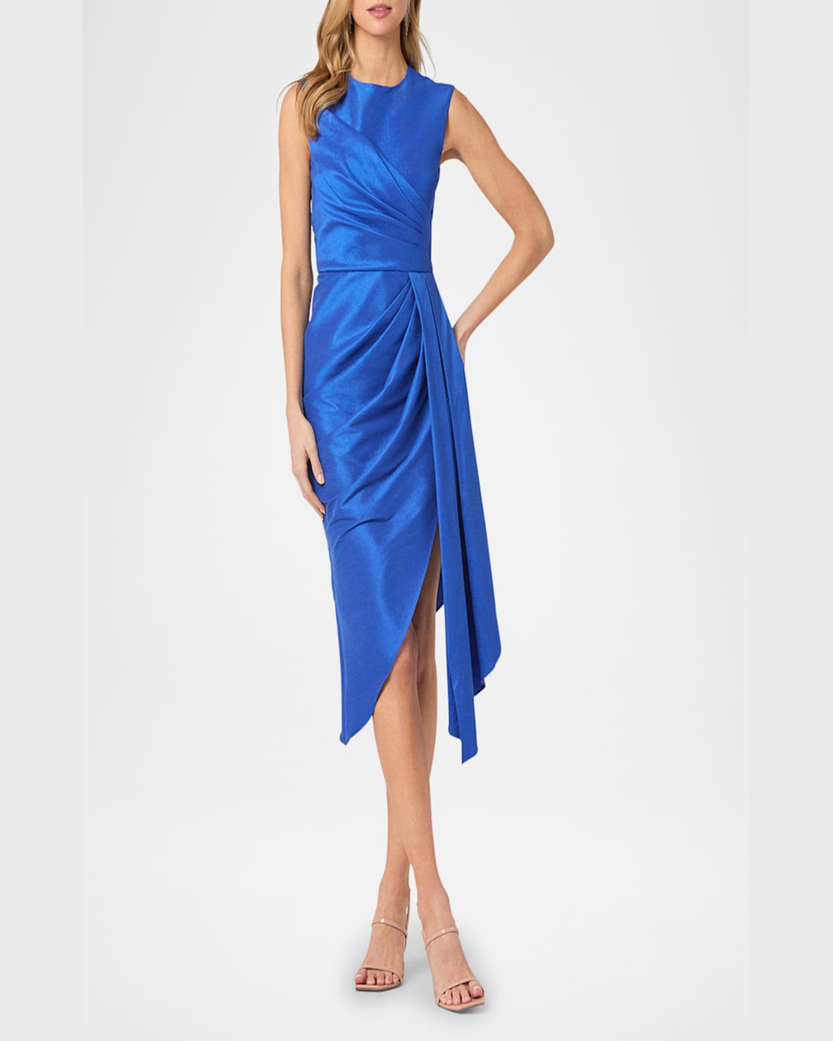 Shoshanna Colony Sleeveless Asymmetrical Draped Taffeta Midi Dress In Marine