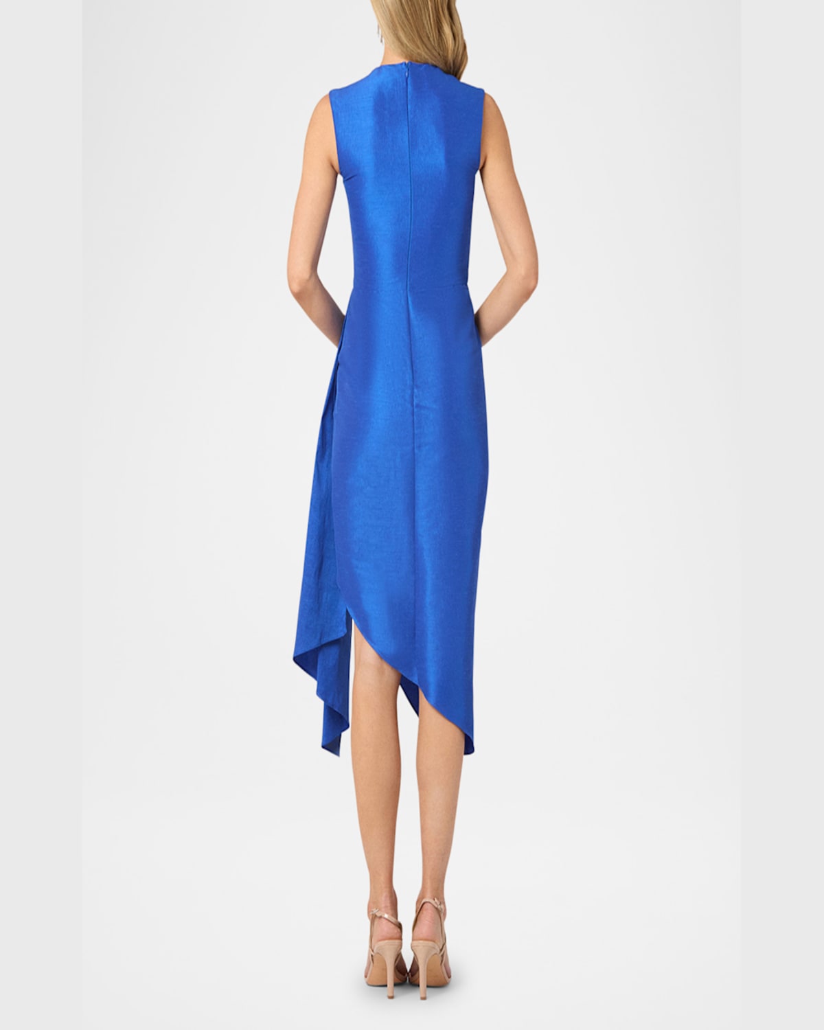 Shoshanna Colony Sleeveless Asymmetrical Draped Taffeta Midi Dress In Marine