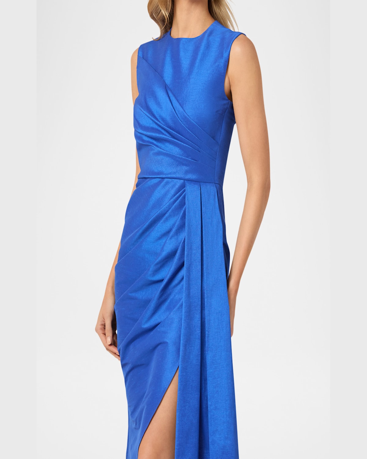 Shoshanna Colony Sleeveless Asymmetrical Draped Taffeta Midi Dress In Marine