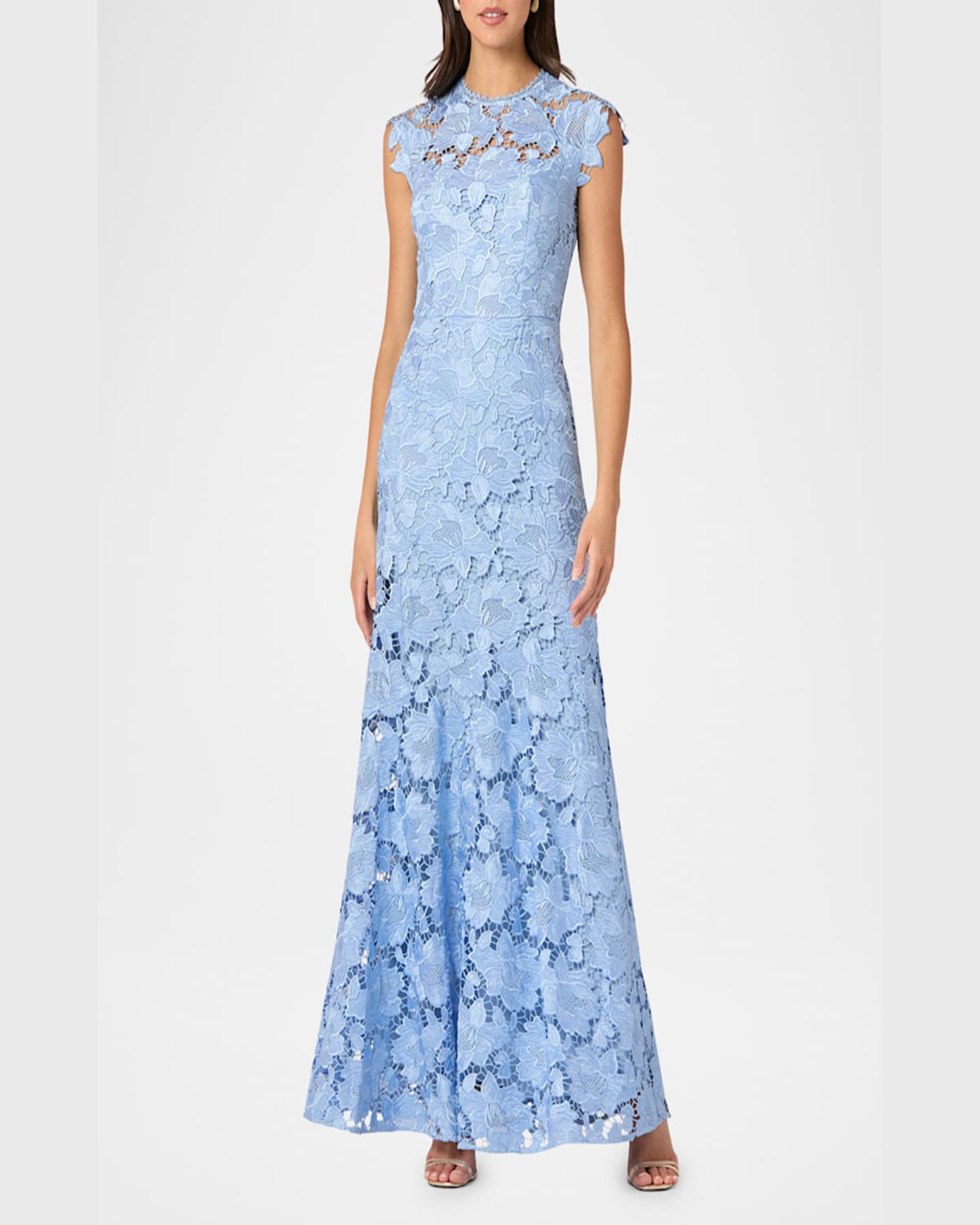 Shoshanna Raven Sleeveless Floral Lace Gown In Vista Blue