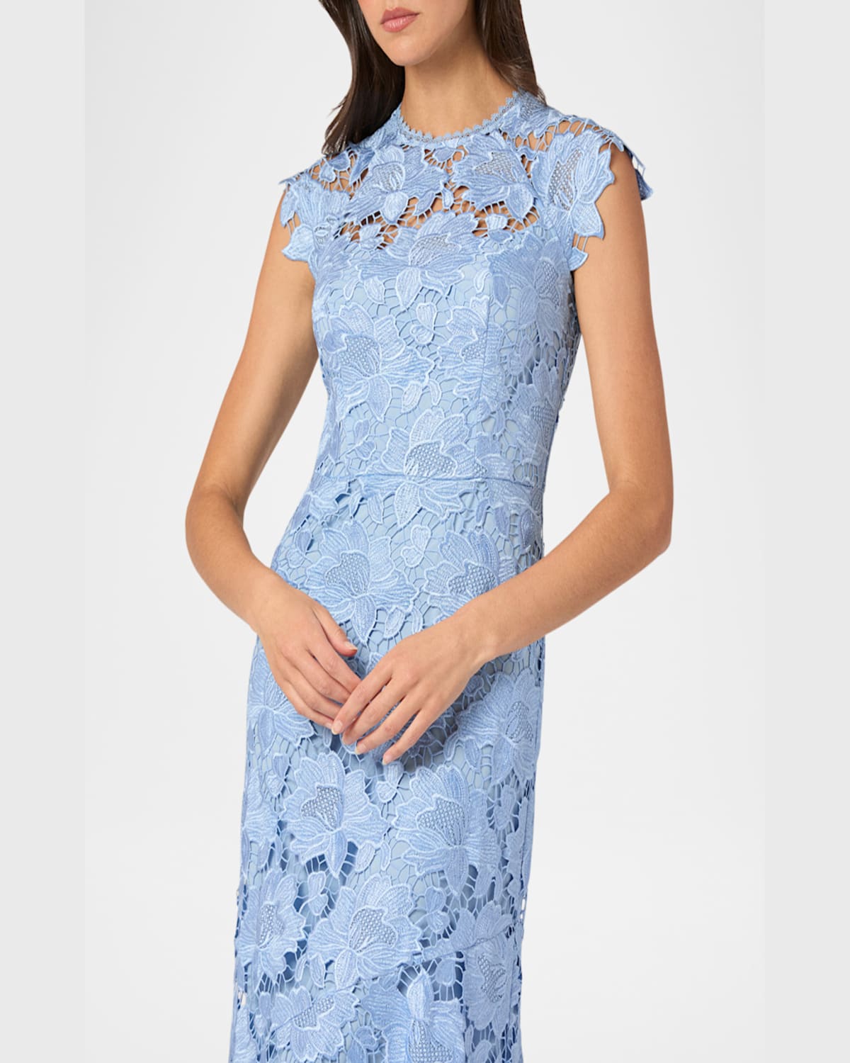 Shoshanna Raven Sleeveless Floral Lace Gown In Vista Blue