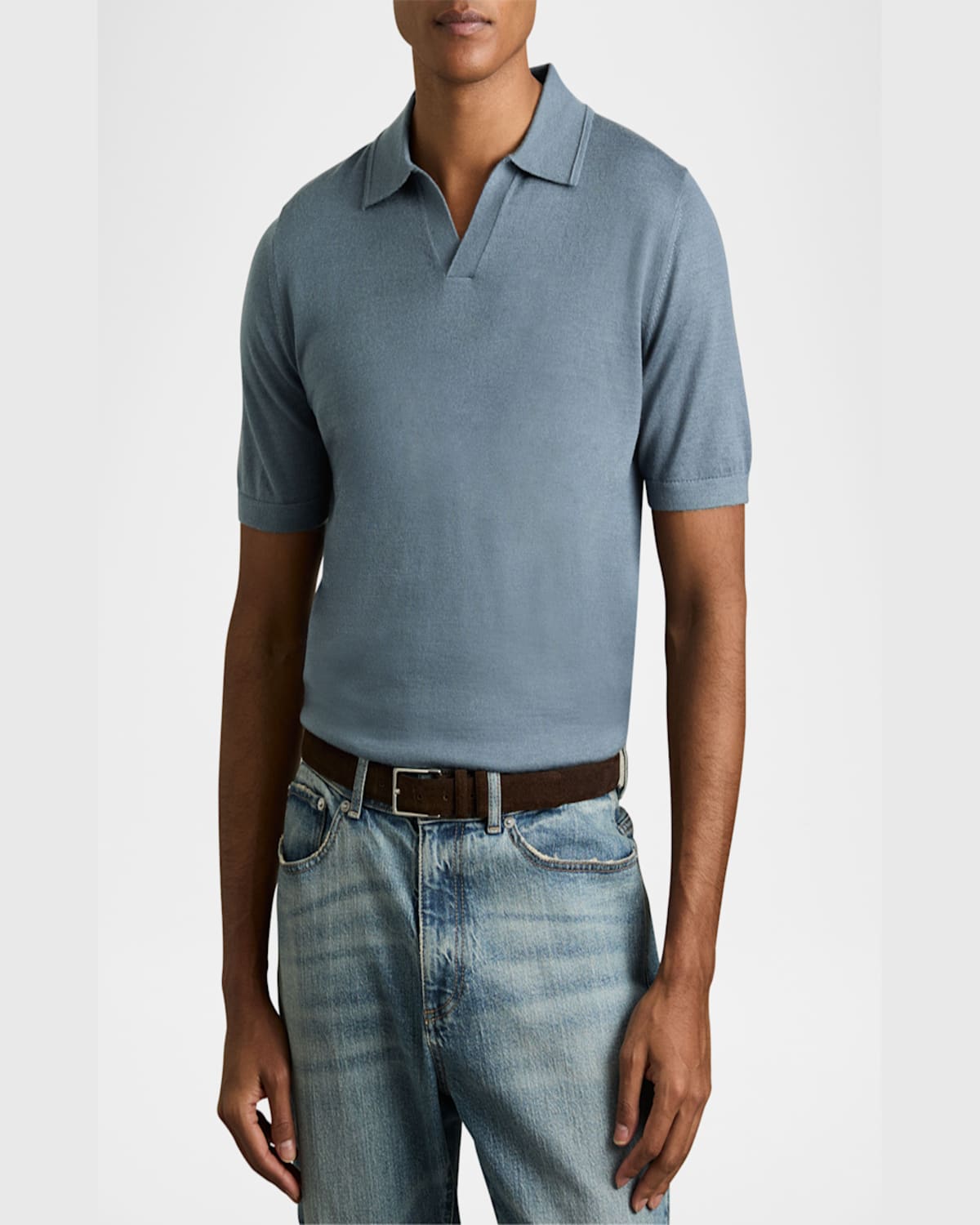 Reiss Duchie Johnny Collar Short Sleeve Wool Polo Sweater In Airforce Blue