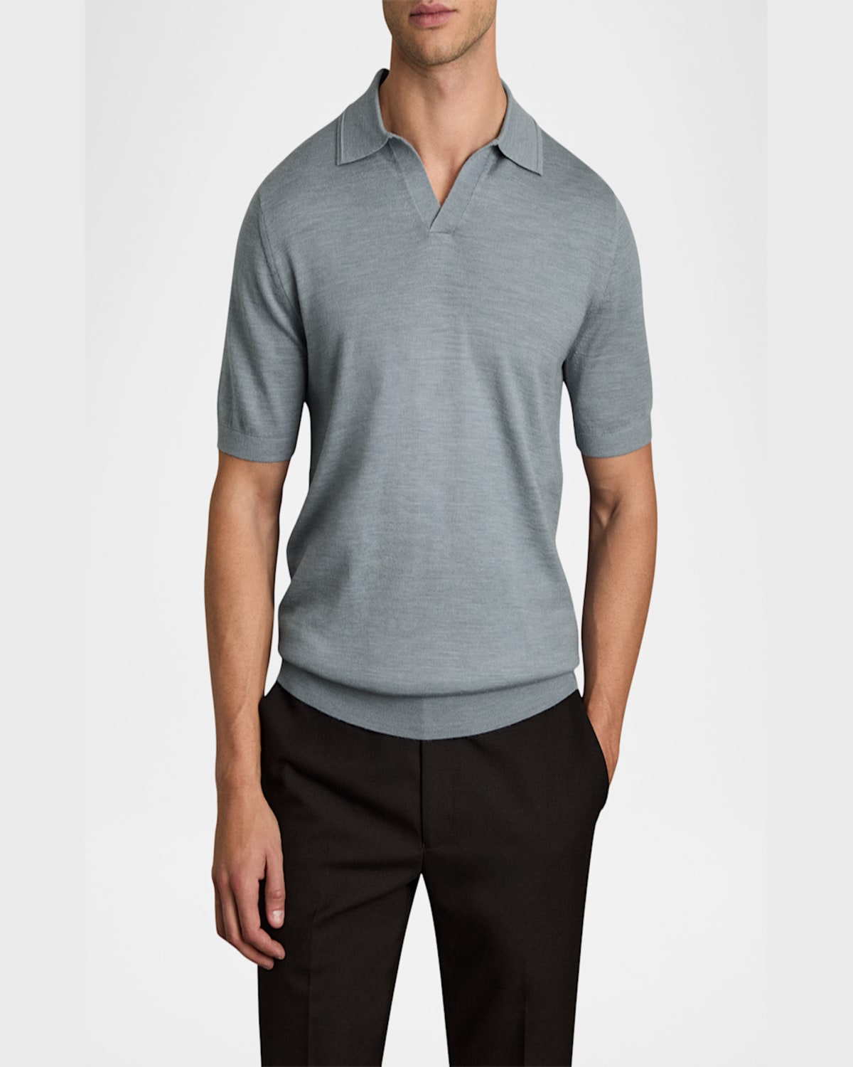 Reiss Duchie Johnny Collar Short Sleeve Wool Polo Sweater In Soft Blue Melan