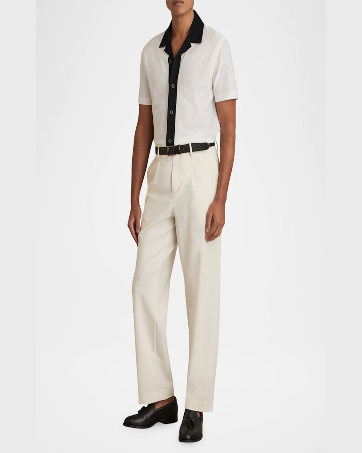 Reiss Mens White Navy Aster Short-sleeved Cotton Shirt In White/navy