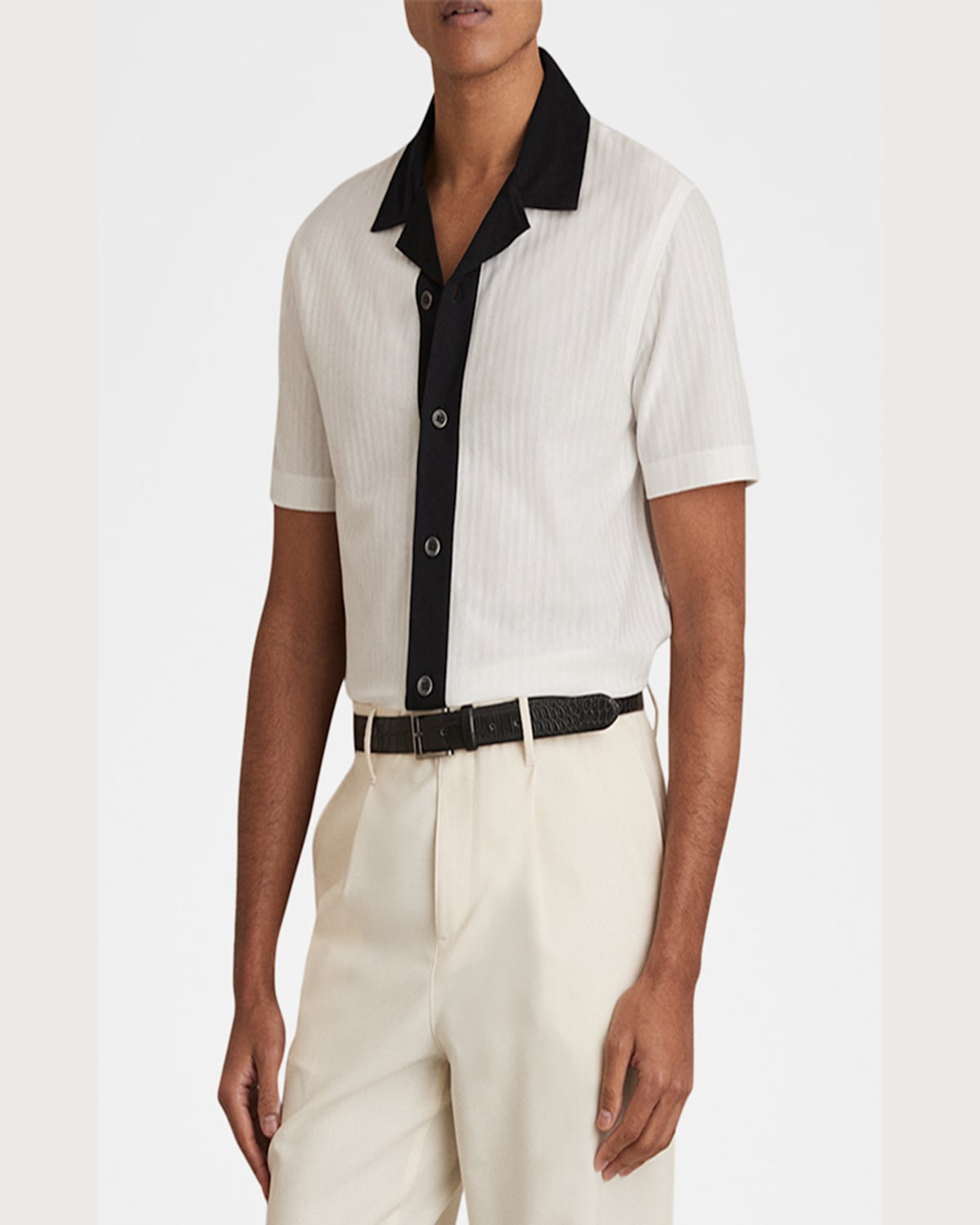 Reiss Mens White Navy Aster Short-sleeved Cotton Shirt In White/navy