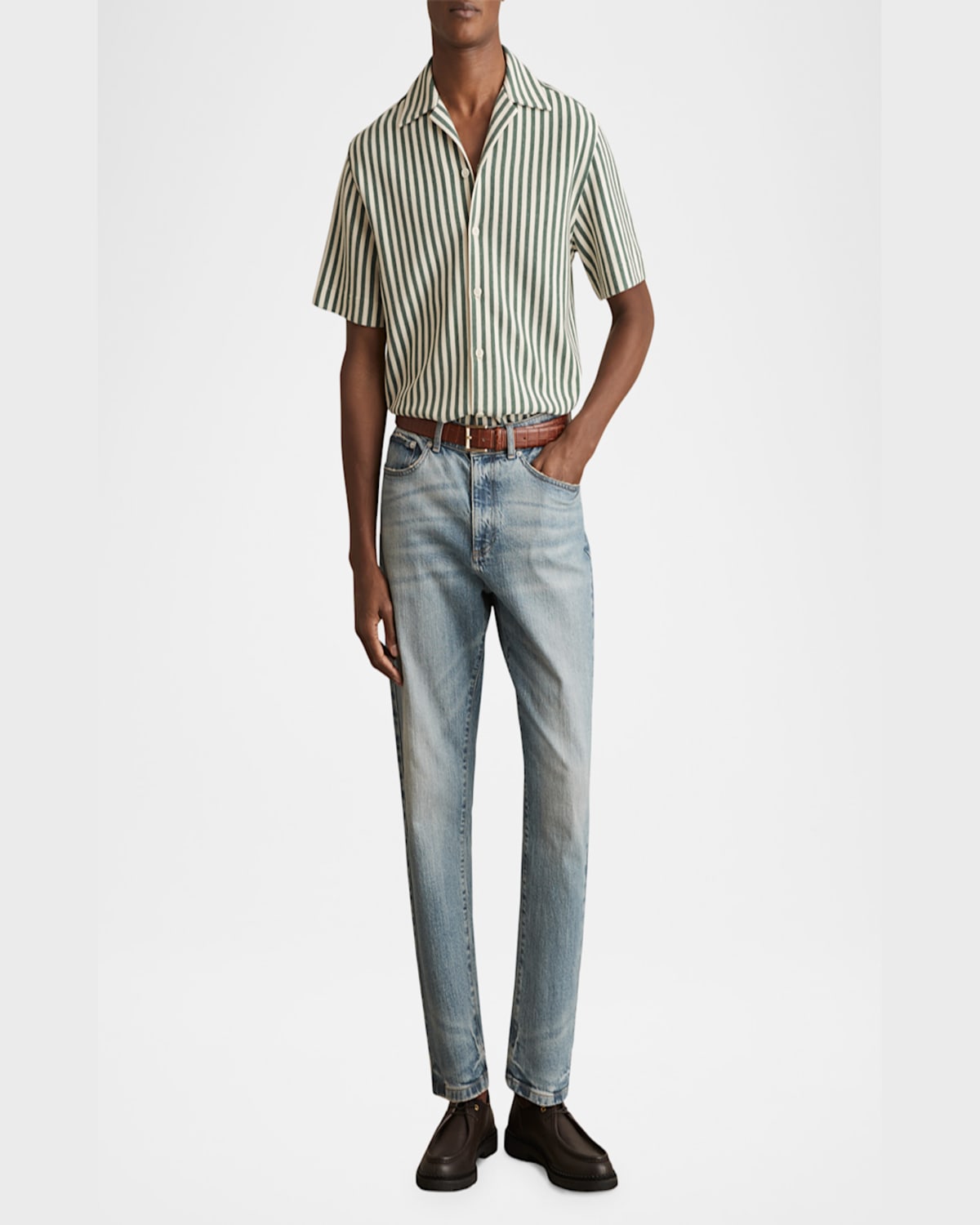 Reiss Trig Textured Stripe Camp Shirt In Green