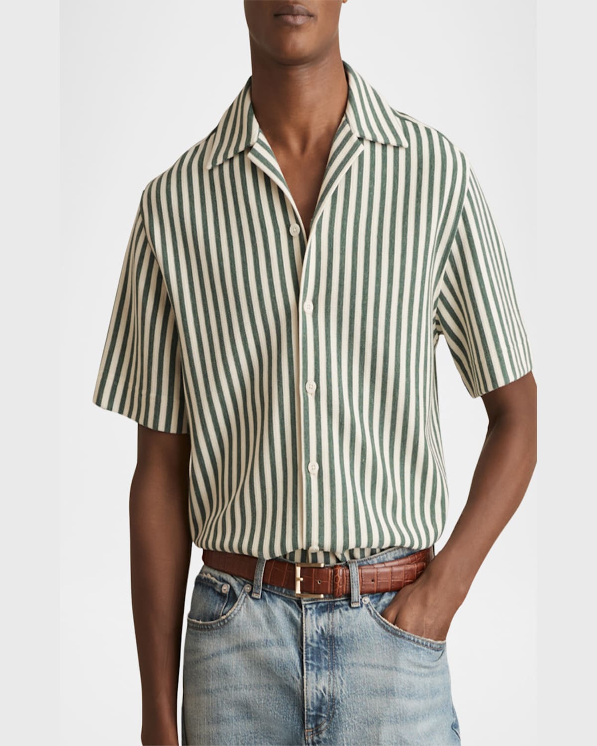 Reiss Trig Textured Stripe Camp Shirt In Green