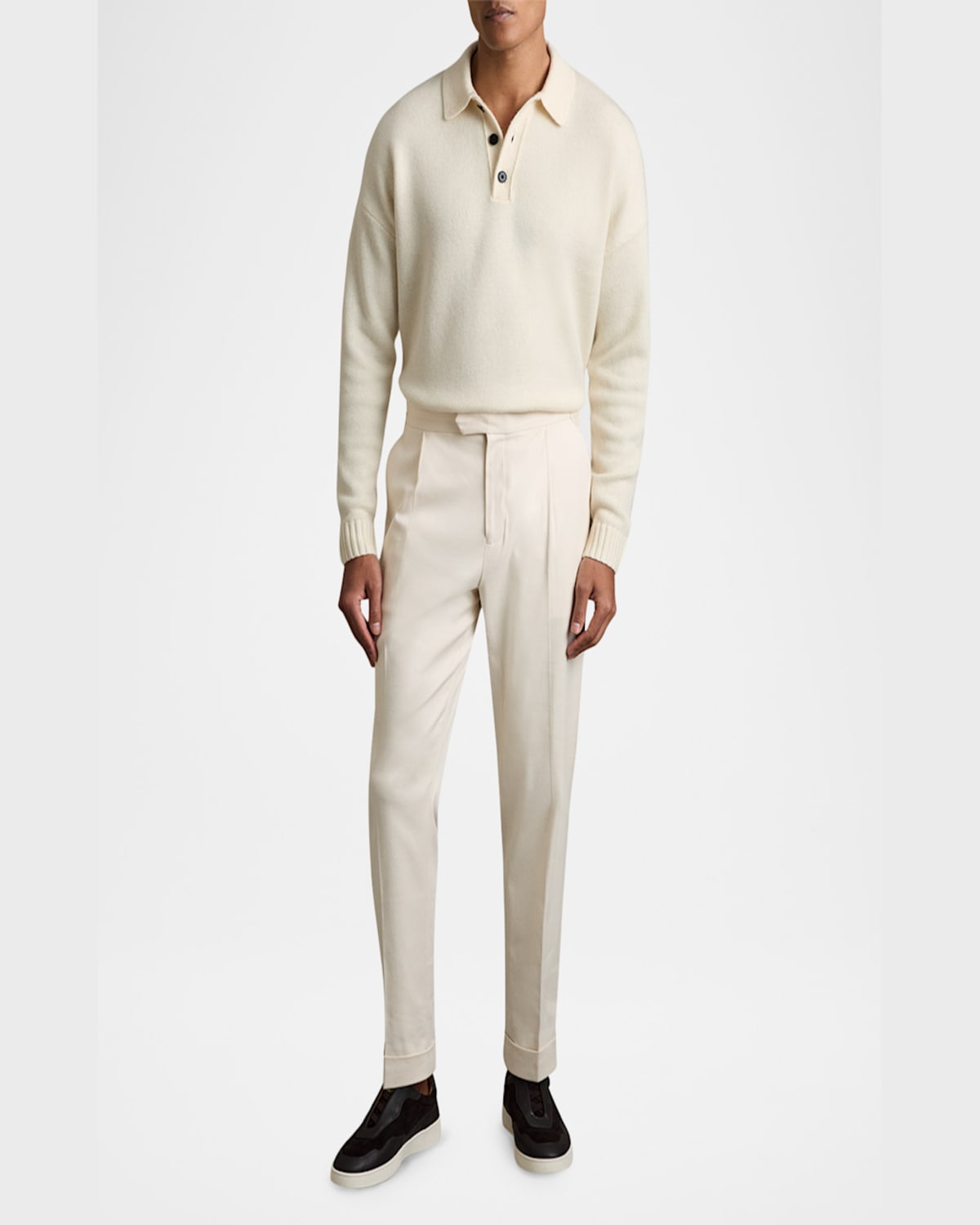 Reiss Jacob Relaxed Fit Quarter Button Long Sleeve Wool Knit Polo In Off White