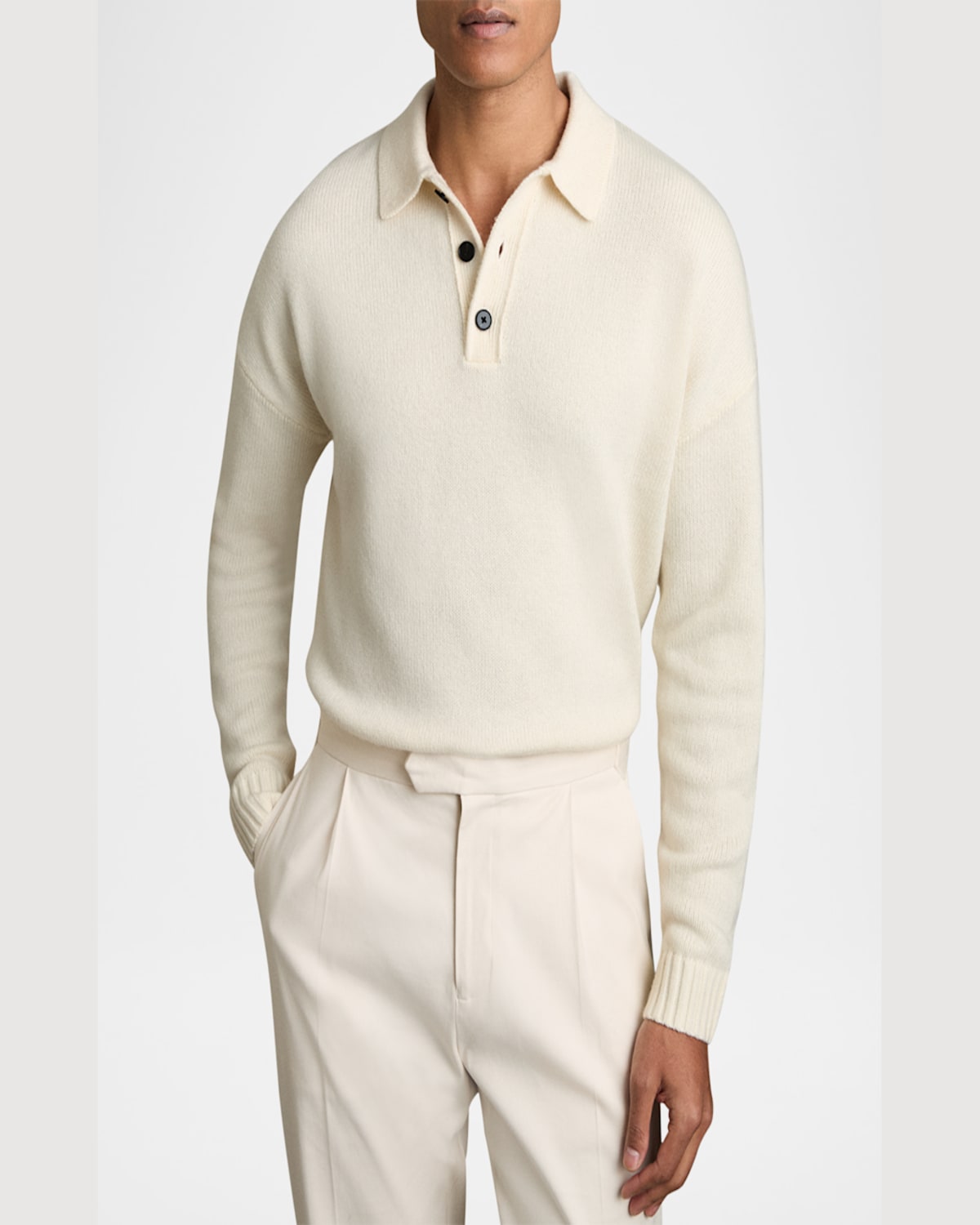 Reiss Jacob Relaxed Fit Quarter Button Long Sleeve Wool Knit Polo In Off White