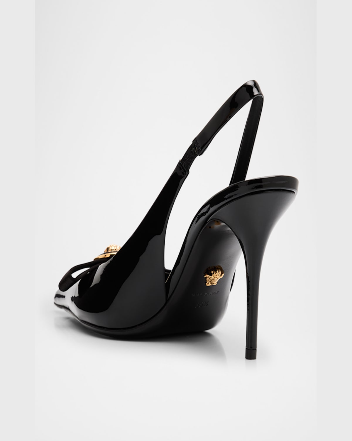 Versace Gianni Ribbon Medusa Patent Slingback Pumps In 1b00v Black- Gold