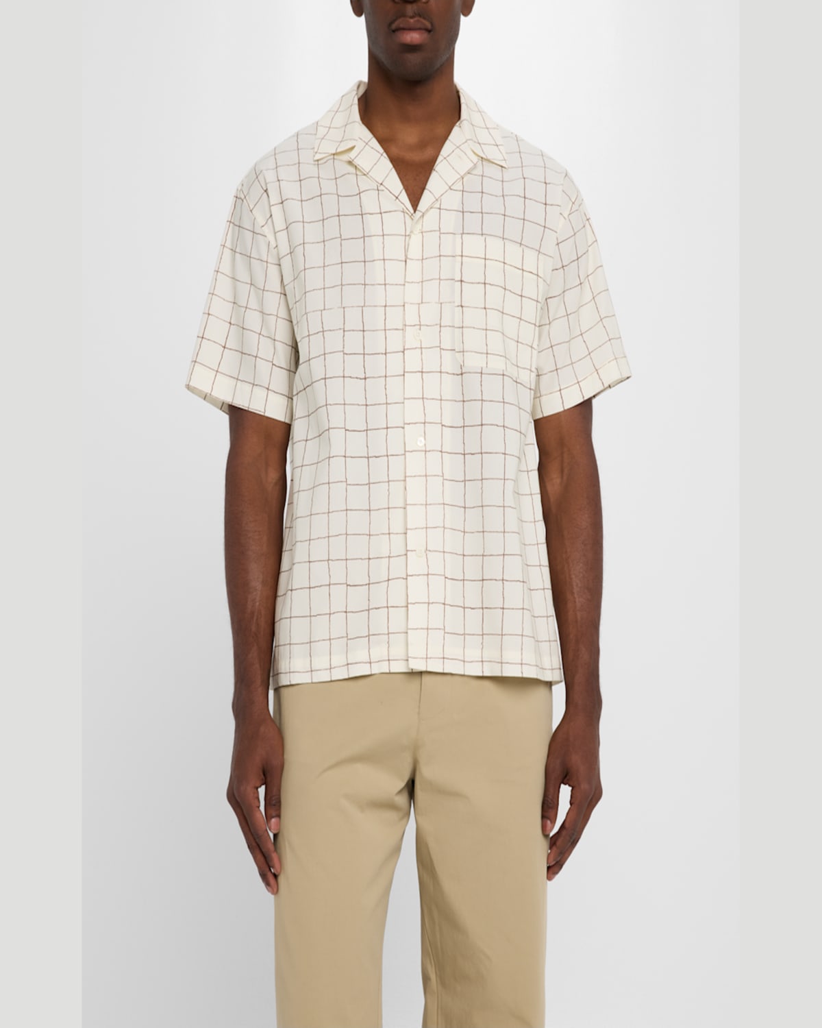 Frame Men's Grid-print Camp Shirt In Cream Multi