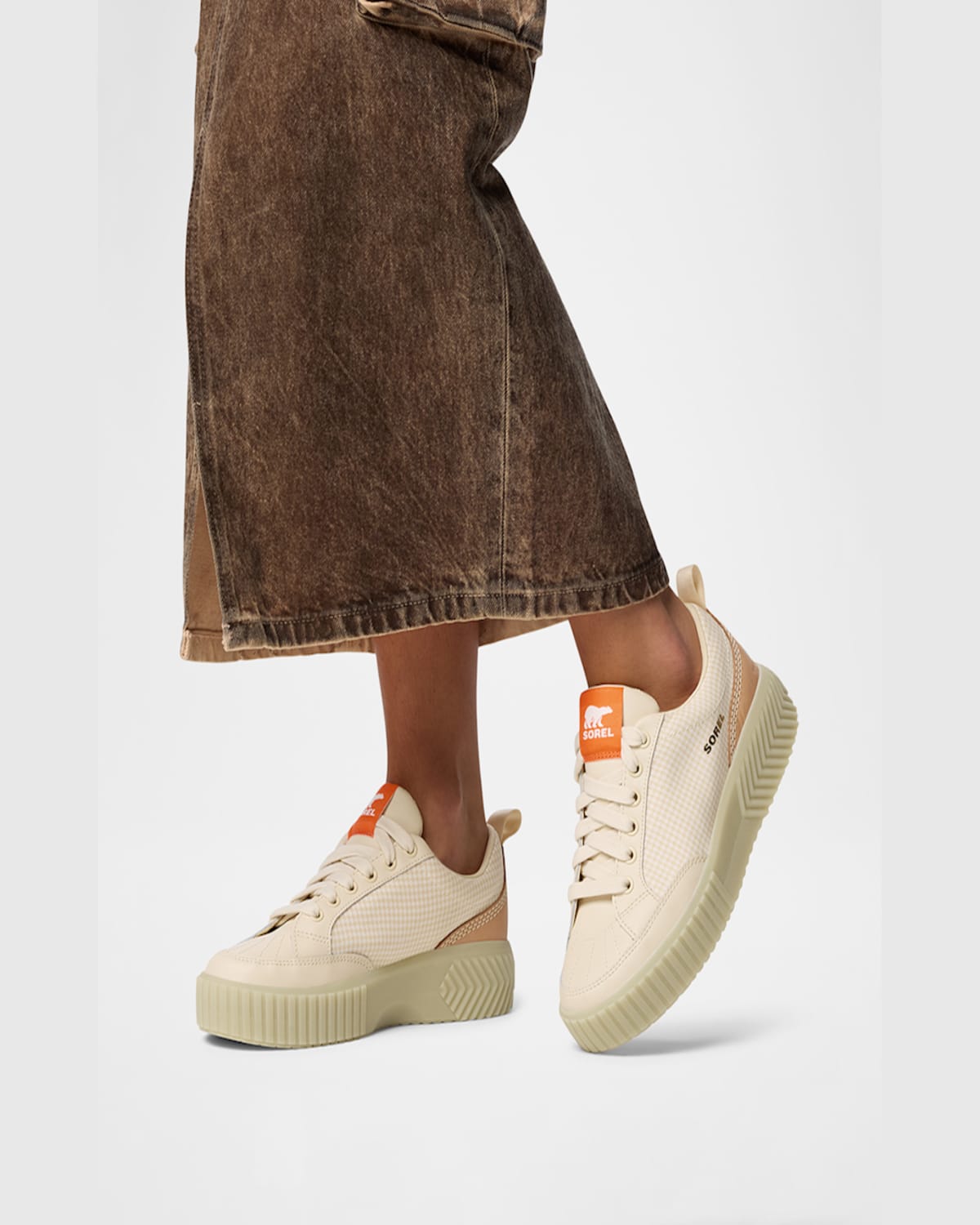 Sorel Ona Ave Check Mixed Leather Sneakers In Bleached Ceramic Lil