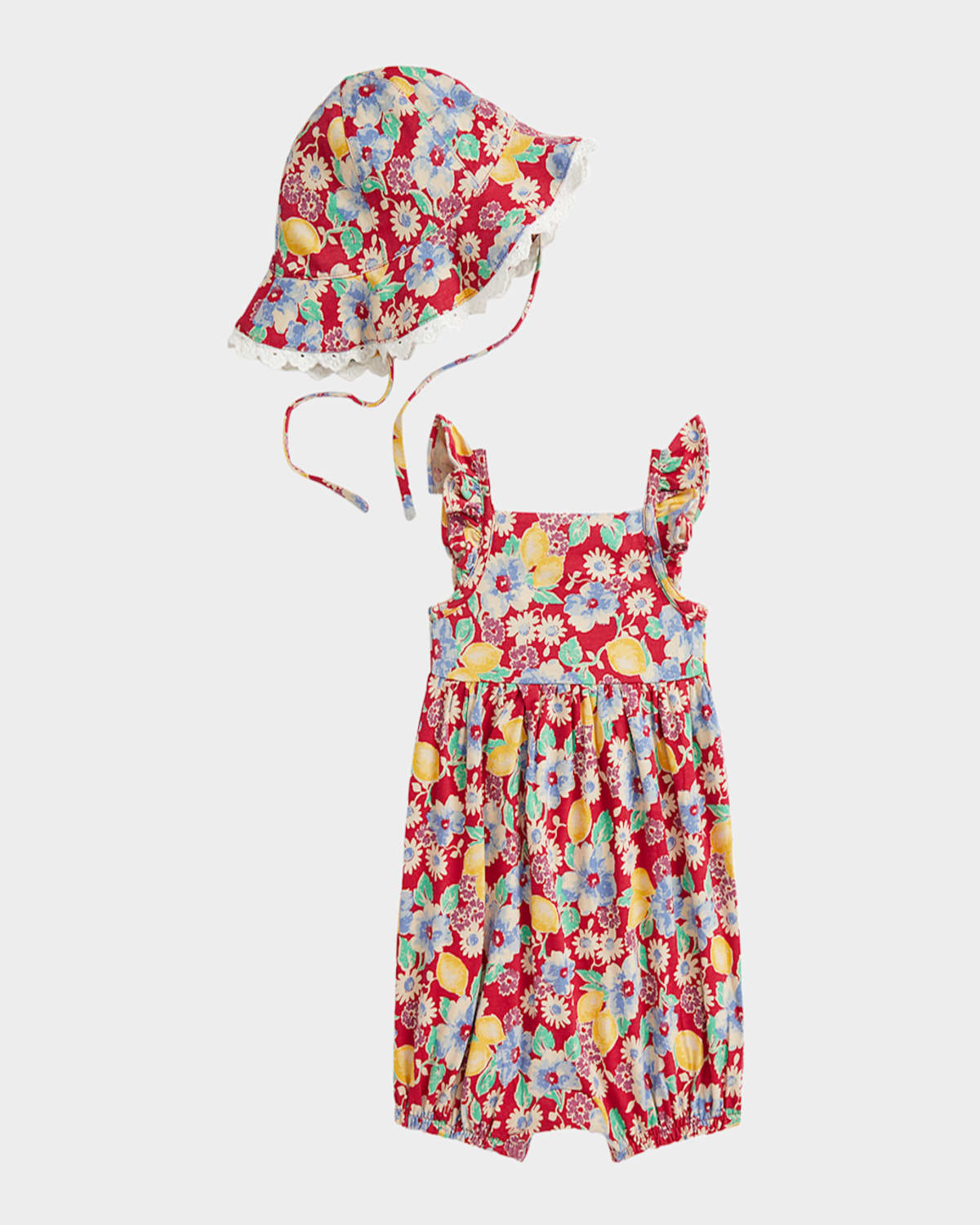 Ralph Lauren Girl's Floral & Lemon-print Romper W/ Sun Hat In Lemon Floral W Riverside