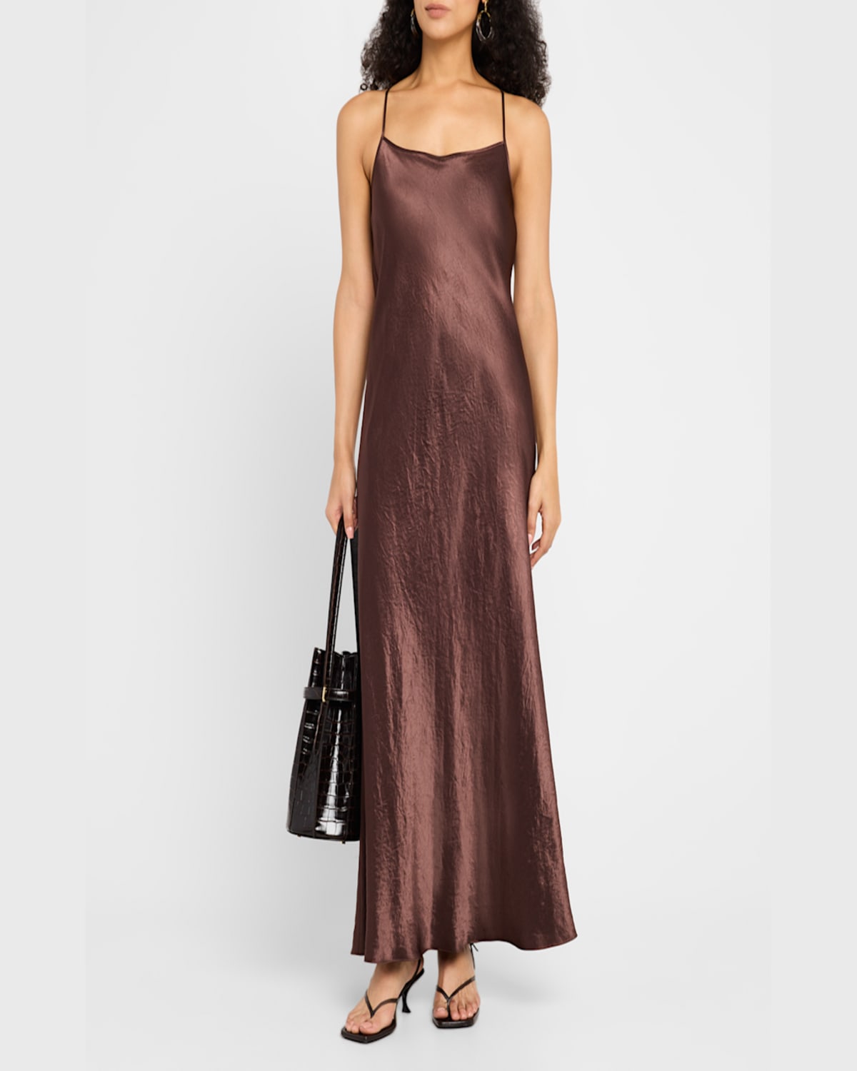 Vince Hammered Satin Maxi Slipdress In Chocolate