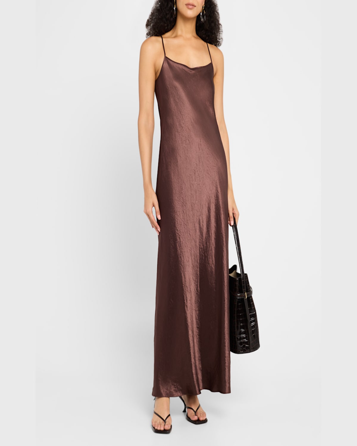 Vince Hammered Satin Maxi Slipdress In Chocolate