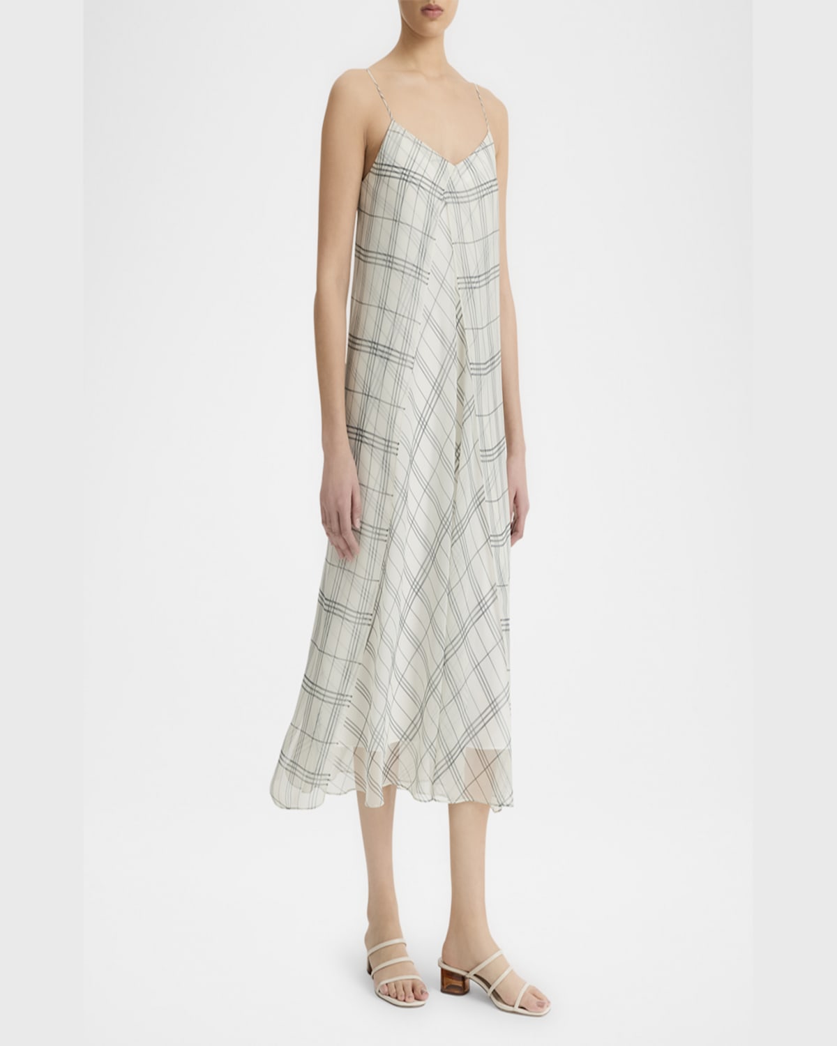 Vince Sleeveless Sheer Plaid Midi Dress In Off Whitegrey
