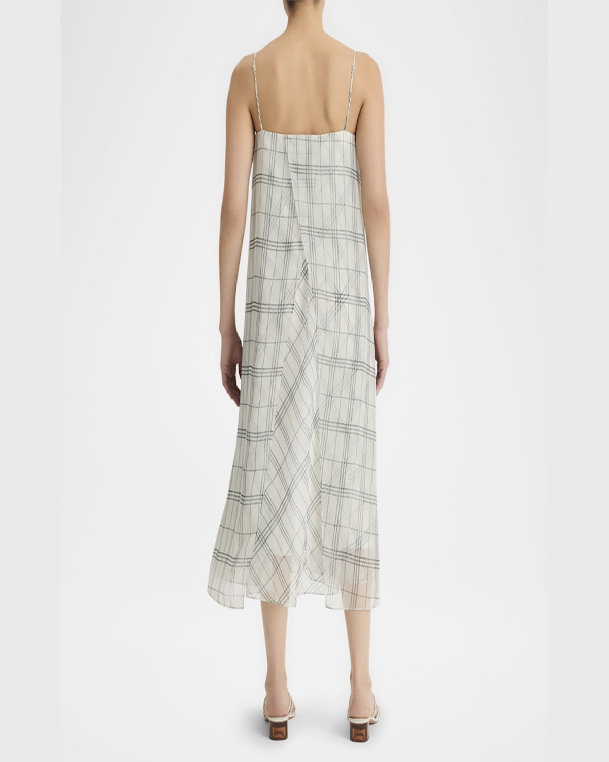 Vince Sleeveless Sheer Plaid Midi Dress In Off Whitegrey