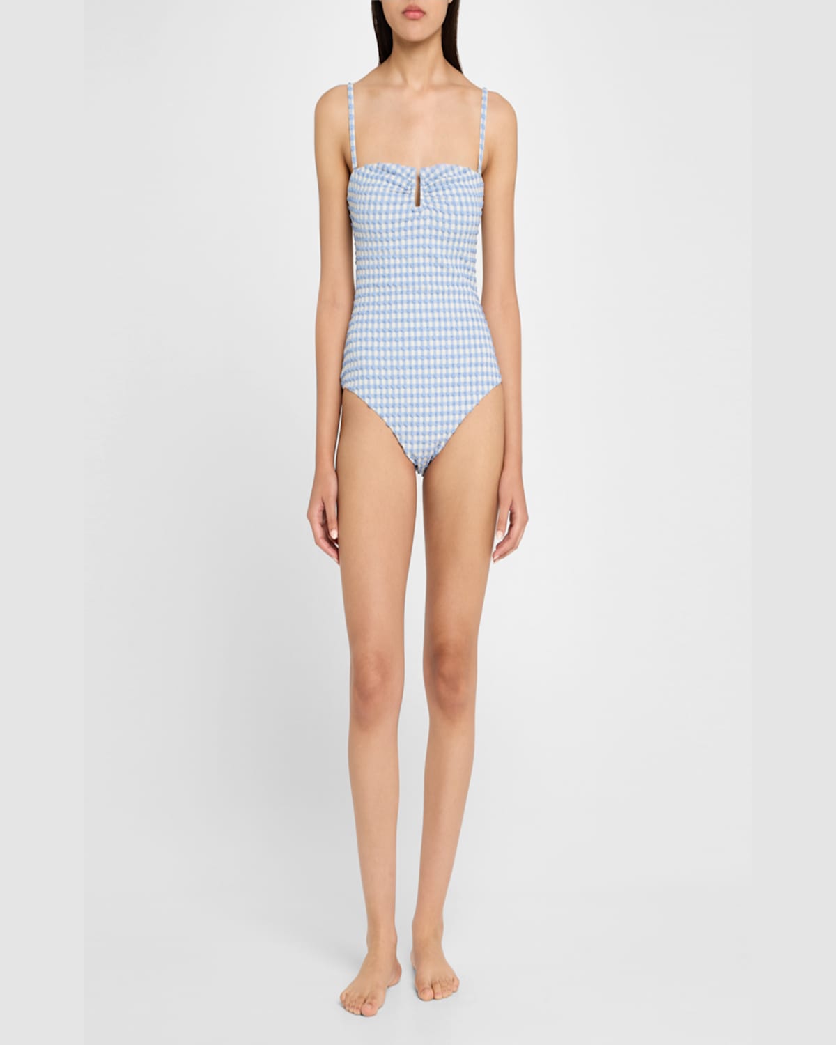 Simkhai Ottilie Bandeau One-piece Swimsuit In Blue Hydrangea Gingham