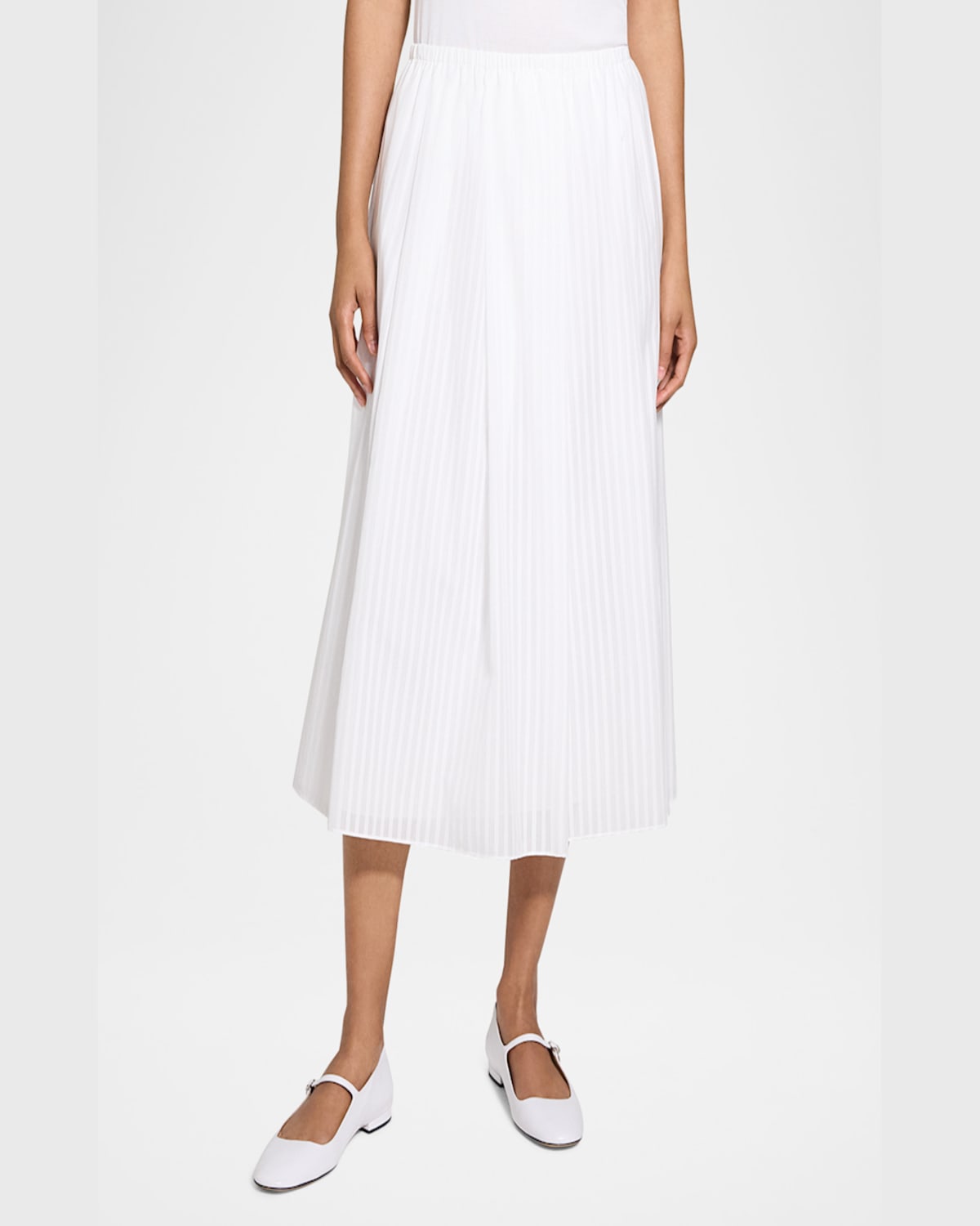 Theory Stripe Pleated Midi Skirt In White