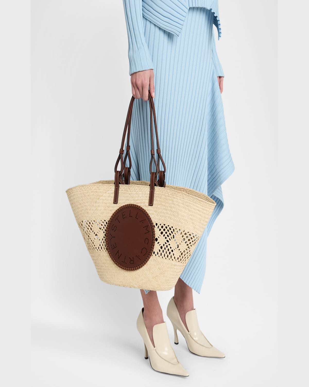 Stella Mccartney Small Logo Raffia Basket Tote Bag In Natural Tan