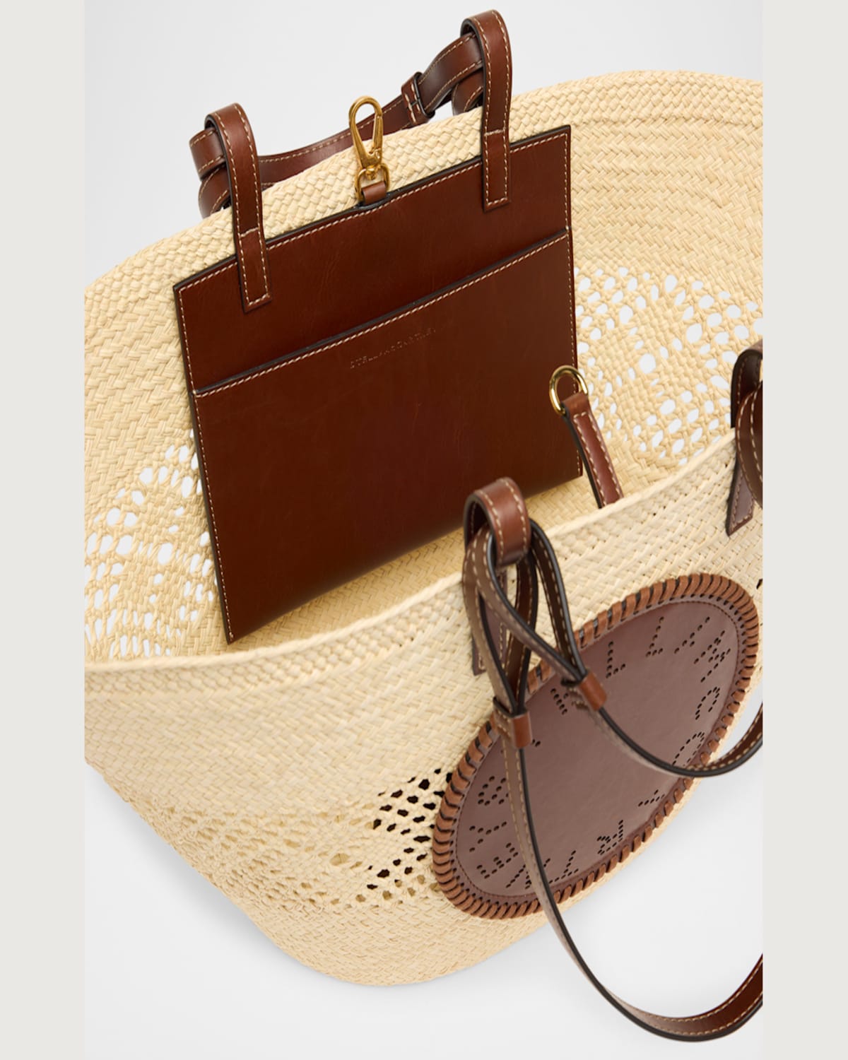 Stella Mccartney Small Logo Raffia Basket Tote Bag In Natural Tan