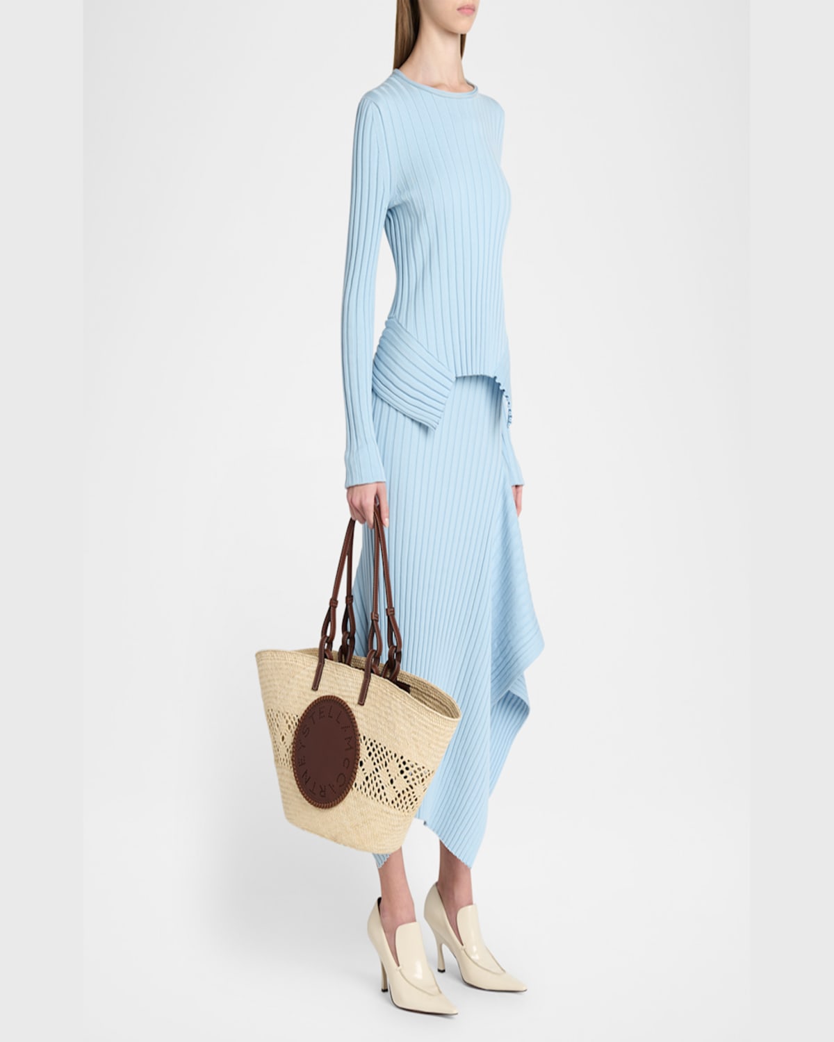 Stella Mccartney Small Logo Raffia Basket Tote Bag In Natural Tan