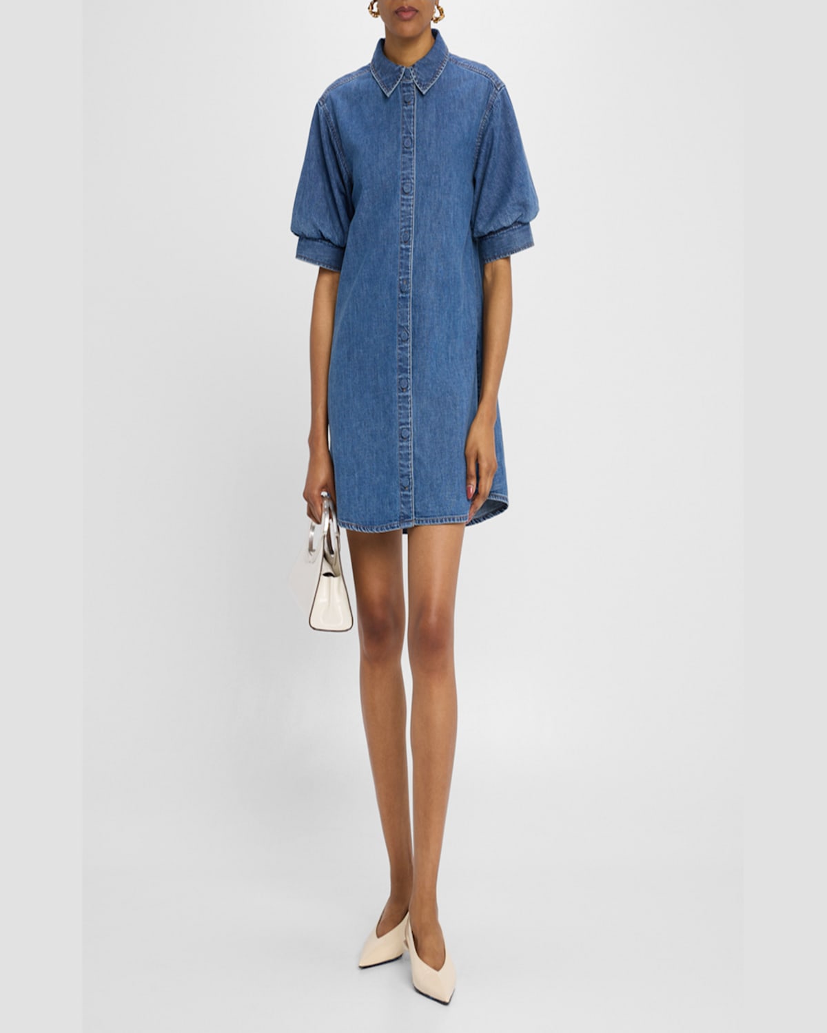 Frame Puffed-shoulder Denim Shirtdress In Antonia